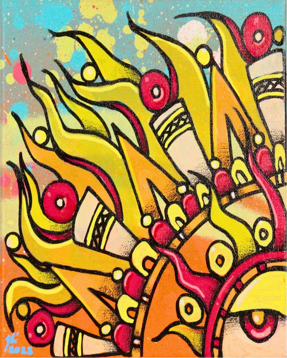Close-up of a red and yellow Aztec-inspired sun face and ornamental rays on canvas, by Nino Tselone Rodriguez.