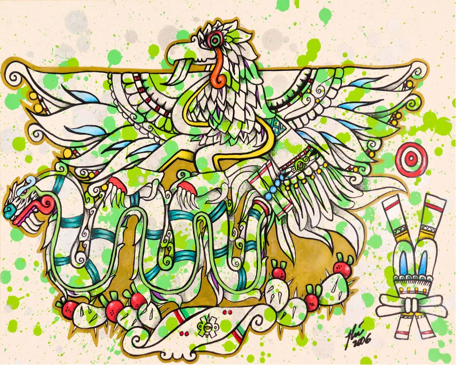 Eagle perched over a serpent in a vibrant green Aztec-inspired composition, original artwork by Tselone.