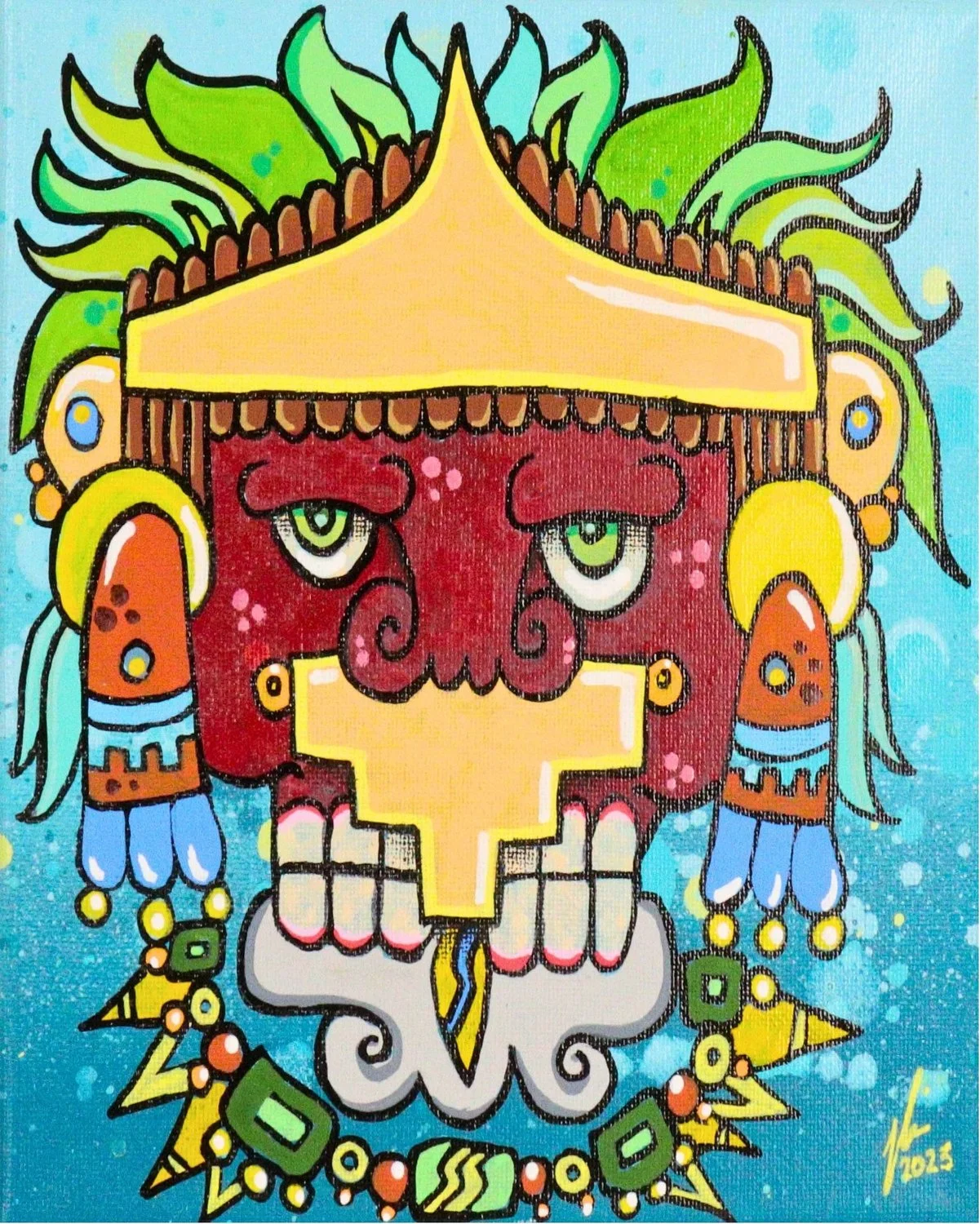 Front-facing Earth Goddess with a red face, prominent gold crown, green feathered headdress, colorful earrings, and intricate jewelry against a turquoise background.