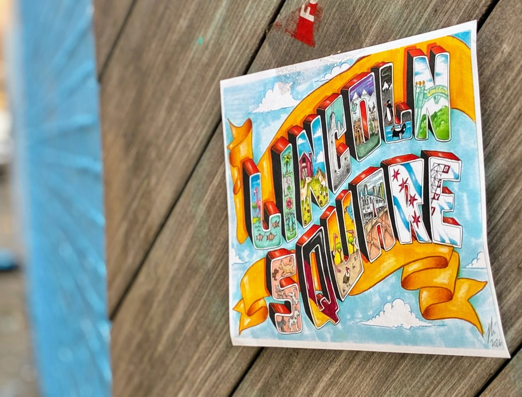 Original Lincoln Square mural design featuring colorful three-dimensional graffiti lettering, Chicago landmarks, and animal illustrations celebrating the neighborhood's cultural diversity.