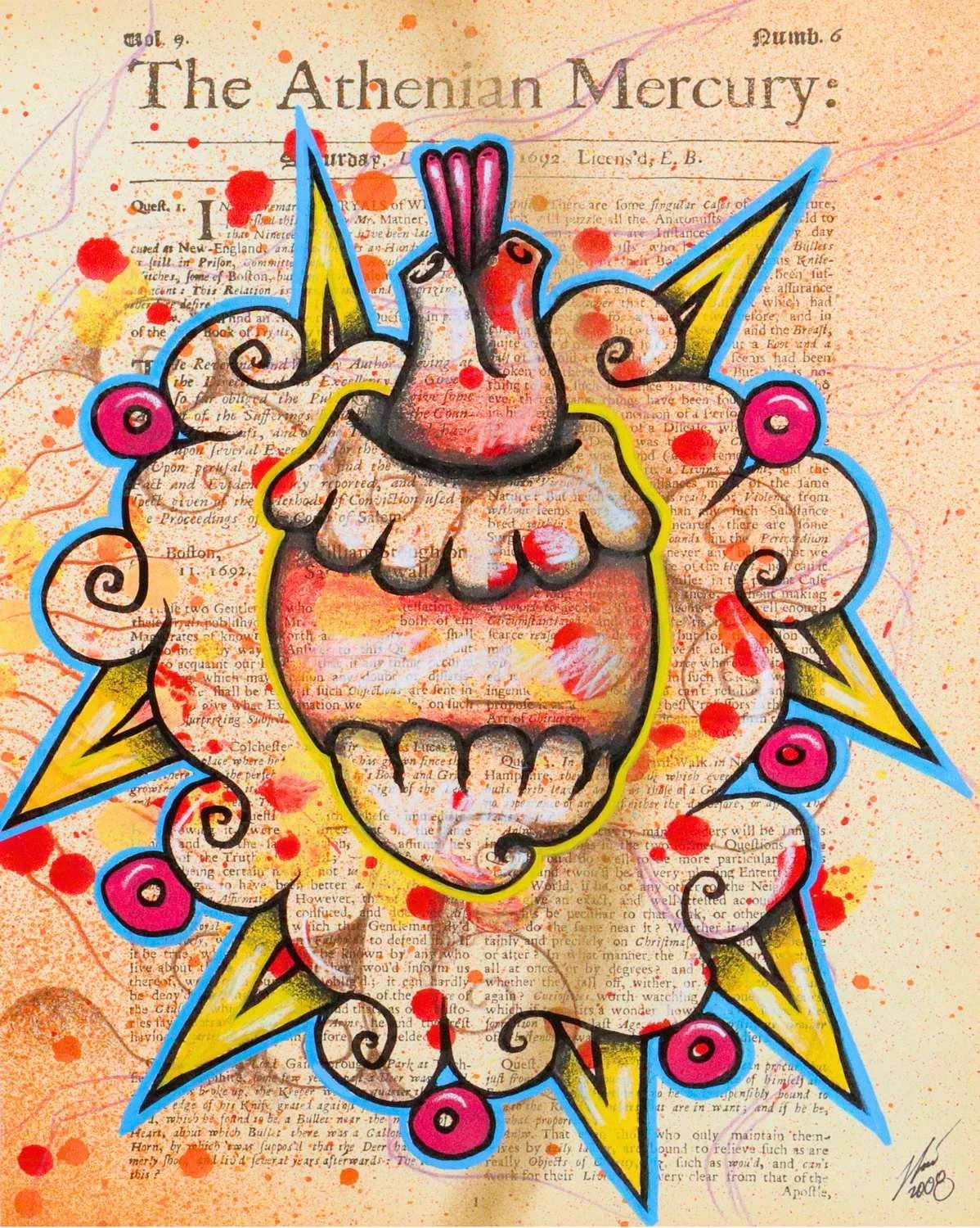Anatomical heart surrounded by radiating ornamental sun rays over a vintage Athenian Mercury newspaper, by Nino Tselone Rodriguez.