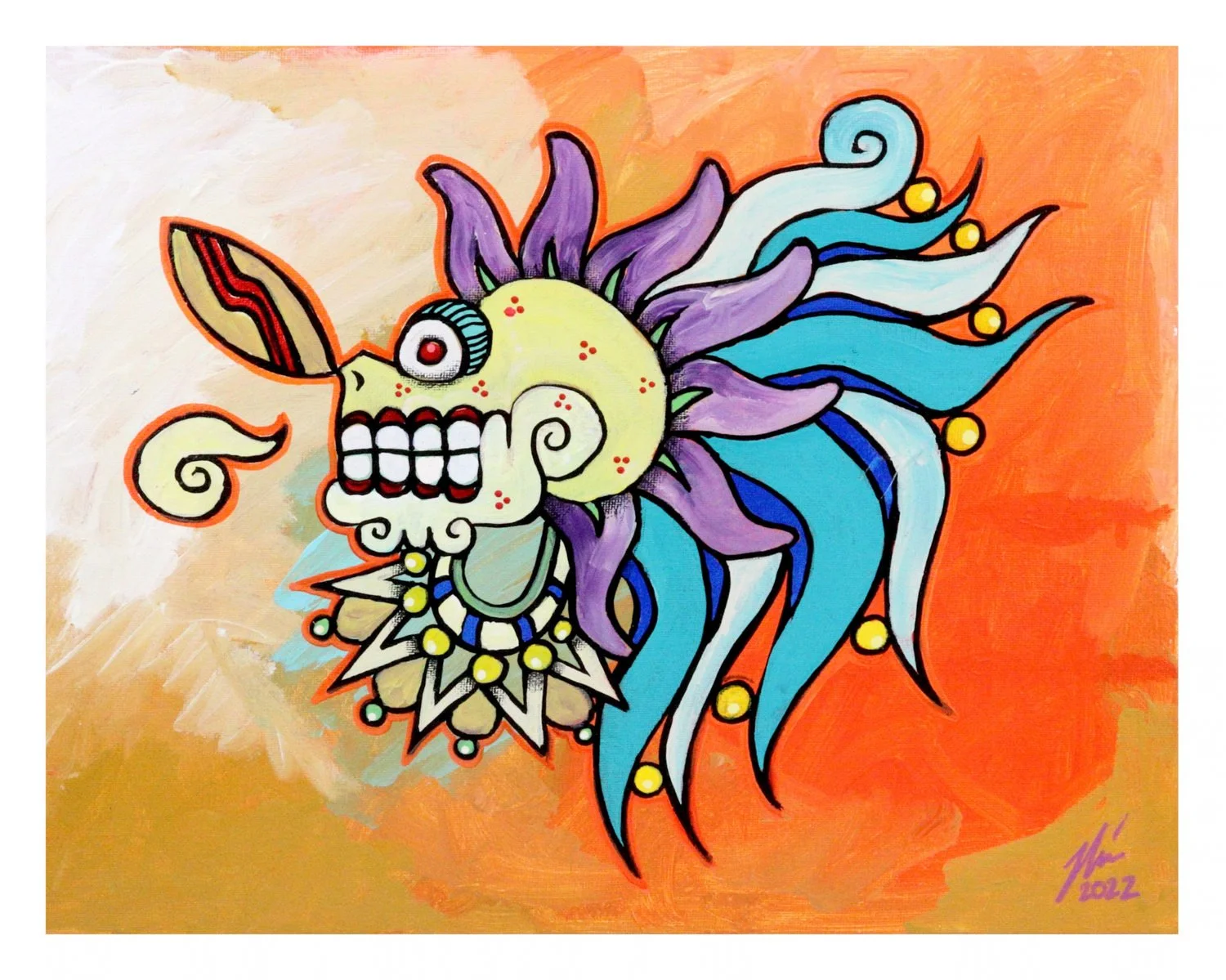 Stylized skull with turquoise and purple feathered headdress on an orange canvas, art by Nino Tselone Rodriguez