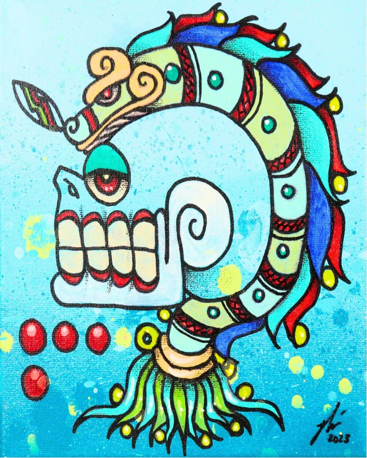 Turquoise skull with red and blue feathered serpent headdress on a blue background, art by Nino Tselone Rodriguez