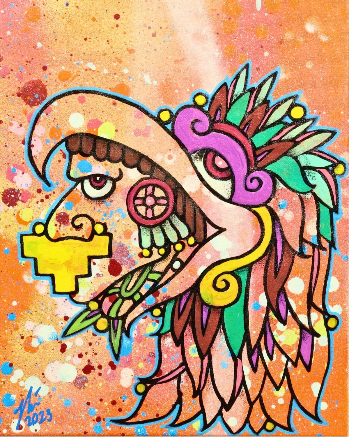 Mesoamerican-inspired eagle knight in profile with a gold nose ornament, turquoise and white feathered headdress, and colorful jewelry against an orange splattered background.