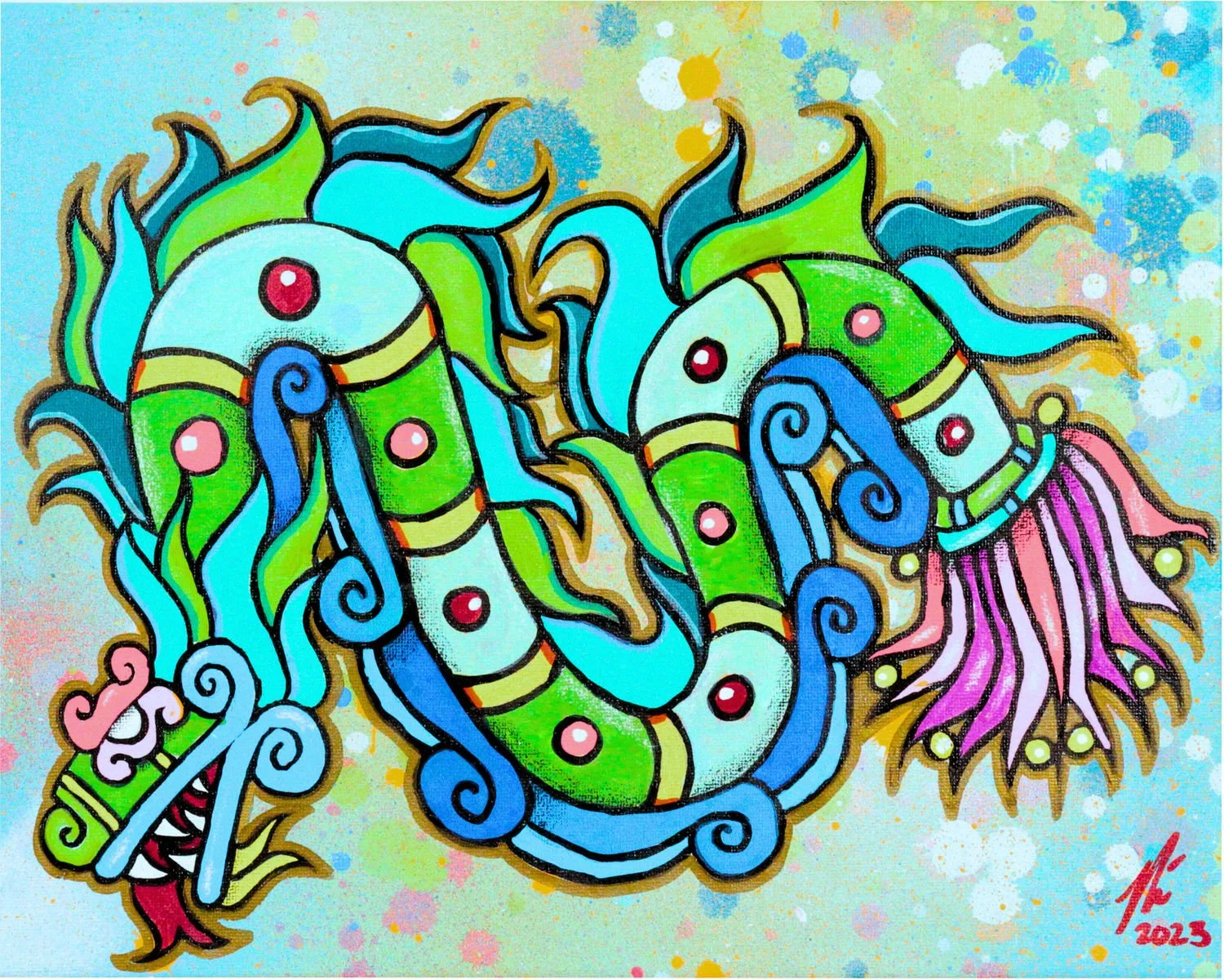 Coiled blue-green Aztec serpent with decorative spirals and pink feathers, original artwork by Tselone.