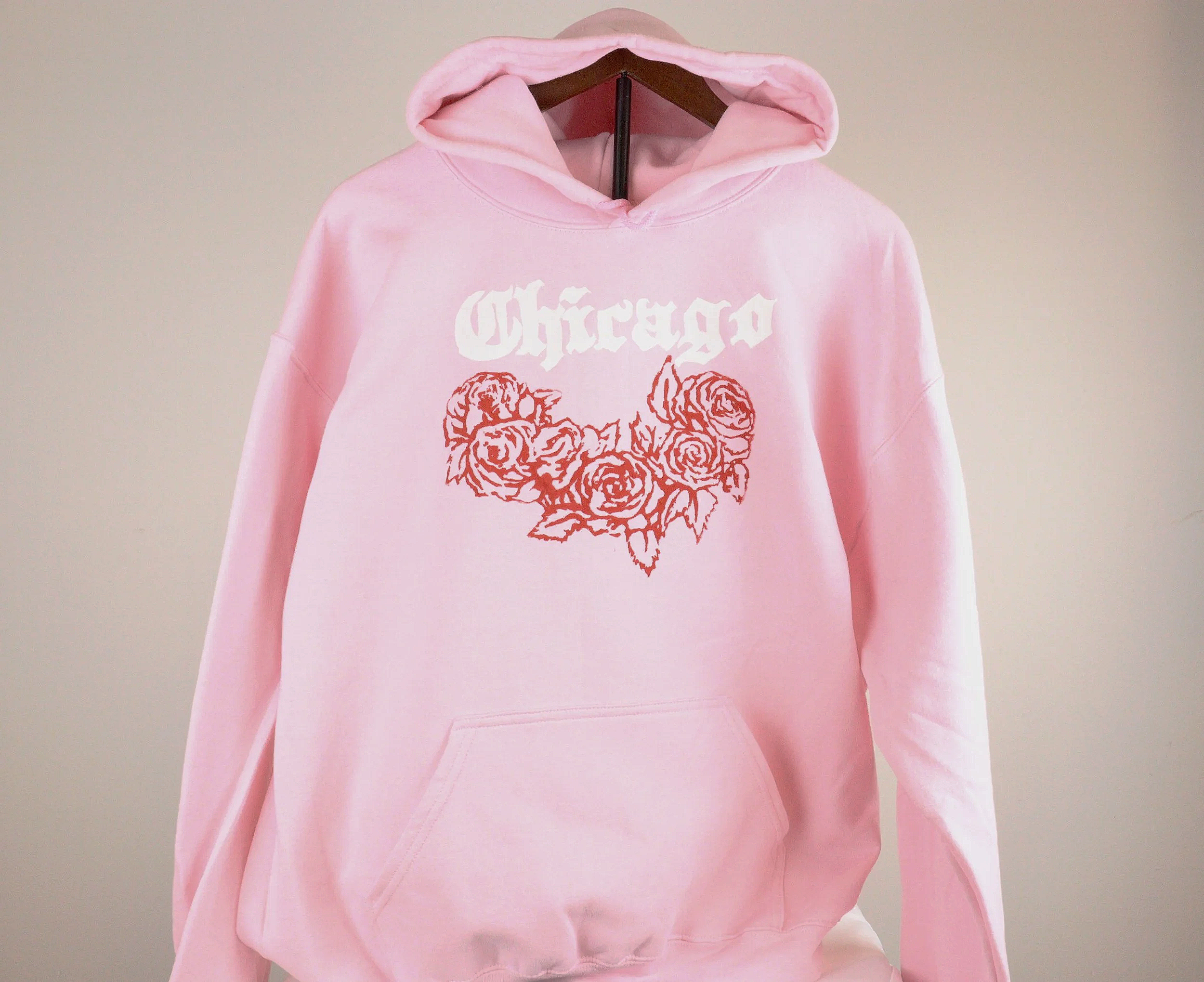Light Pink Color Unisex Red Roses & Old English Chicago Hoodie - Custom Original by TSEL
