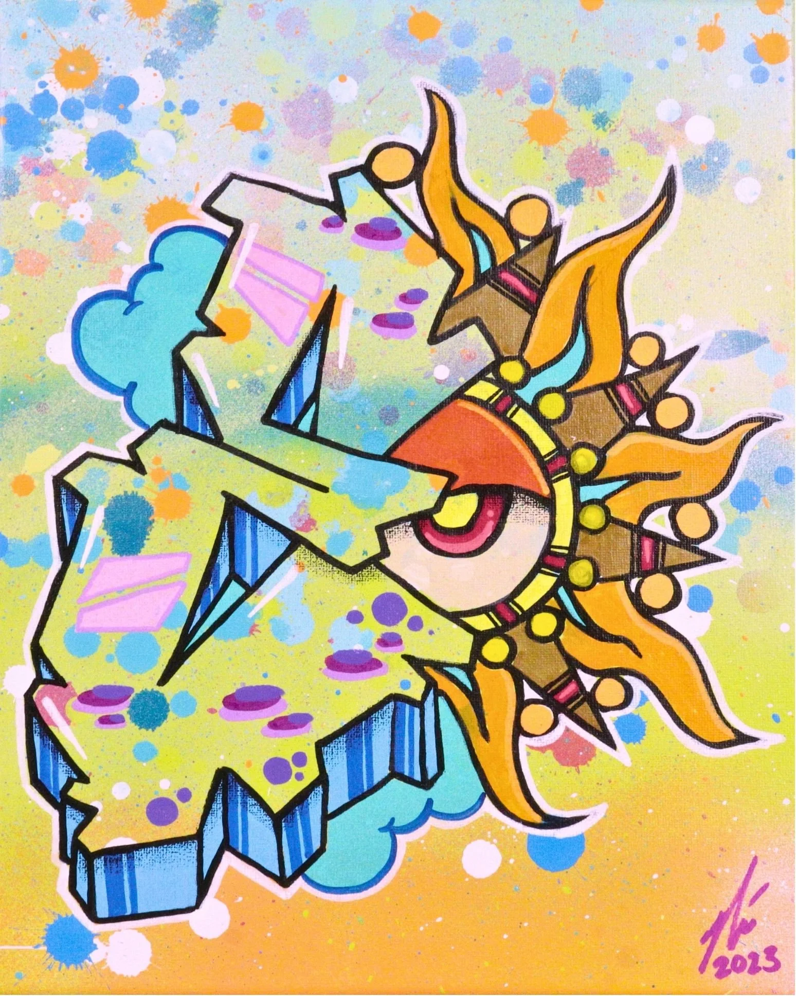 W03 Graffiti E with Sun – Colorful graffiti-style letter E featuring a sun motif, original artwork by Chicago graffiti artist Nino Tselone Rodriguez.