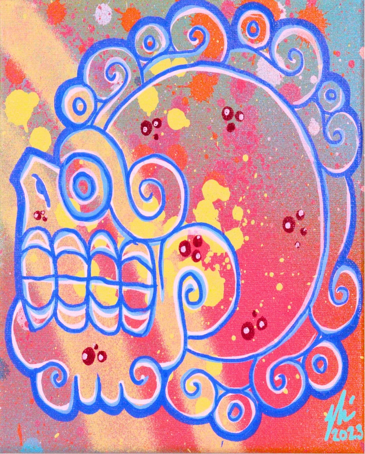 Blue-outlined stylized skull on a pink and yellow splattered background, art by Nino Tselone Rodriguez
