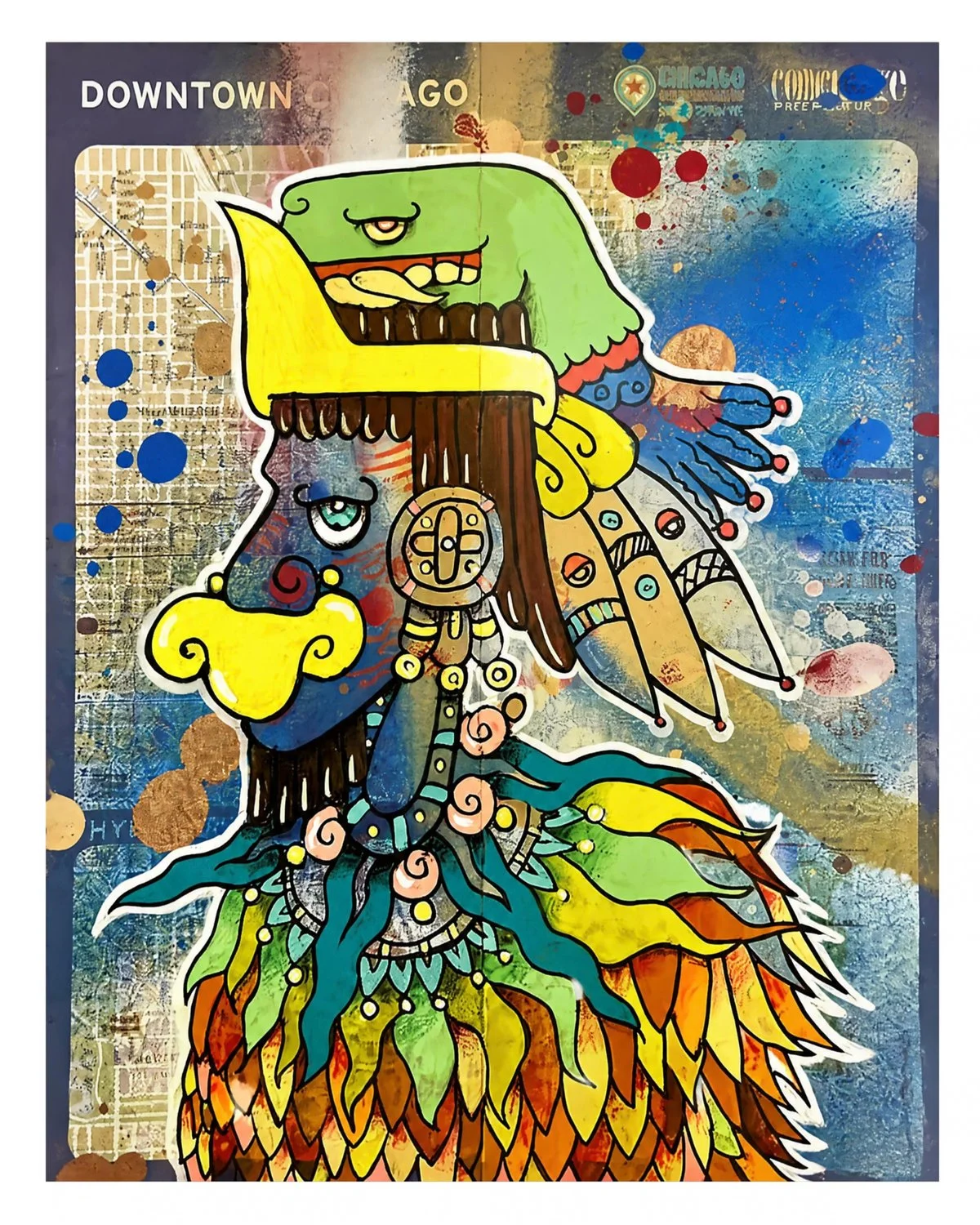 Colorful Mesoamerican-inspired emperor in profile with a green serpent headdress, yellow ornaments, and layered feathers against a textured Chicago map background.
