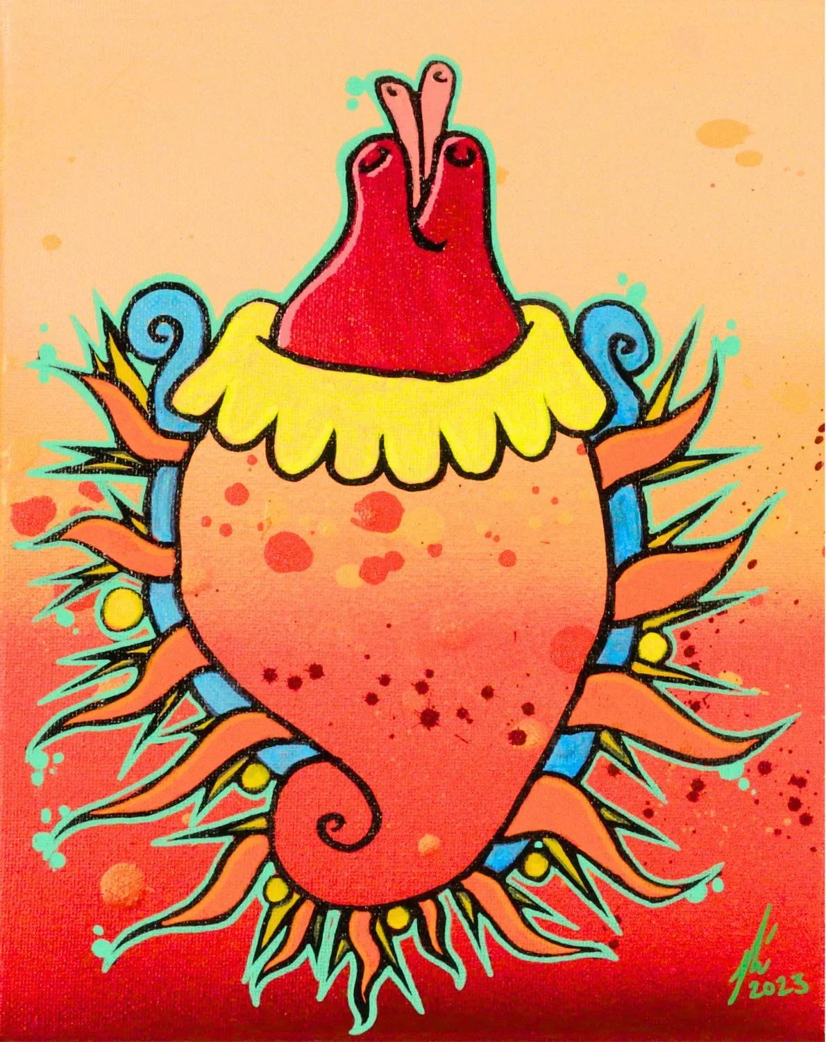Bright red anatomical sacred heart surrounded by colorful sun rays on an orange background, artwork by Nino Tselone Rodriguez.