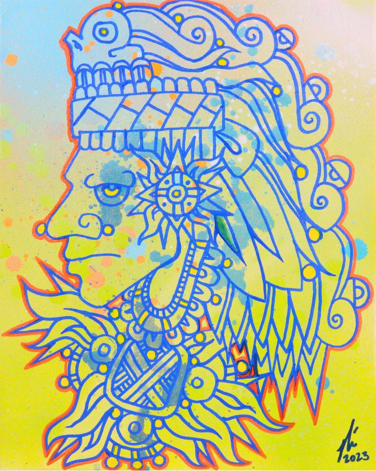 Aztec-inspired emperor in profile with a blue face, gold forehead ornament, pastel feathered headdress, and elaborate jewelry against a blue watercolor-style background.