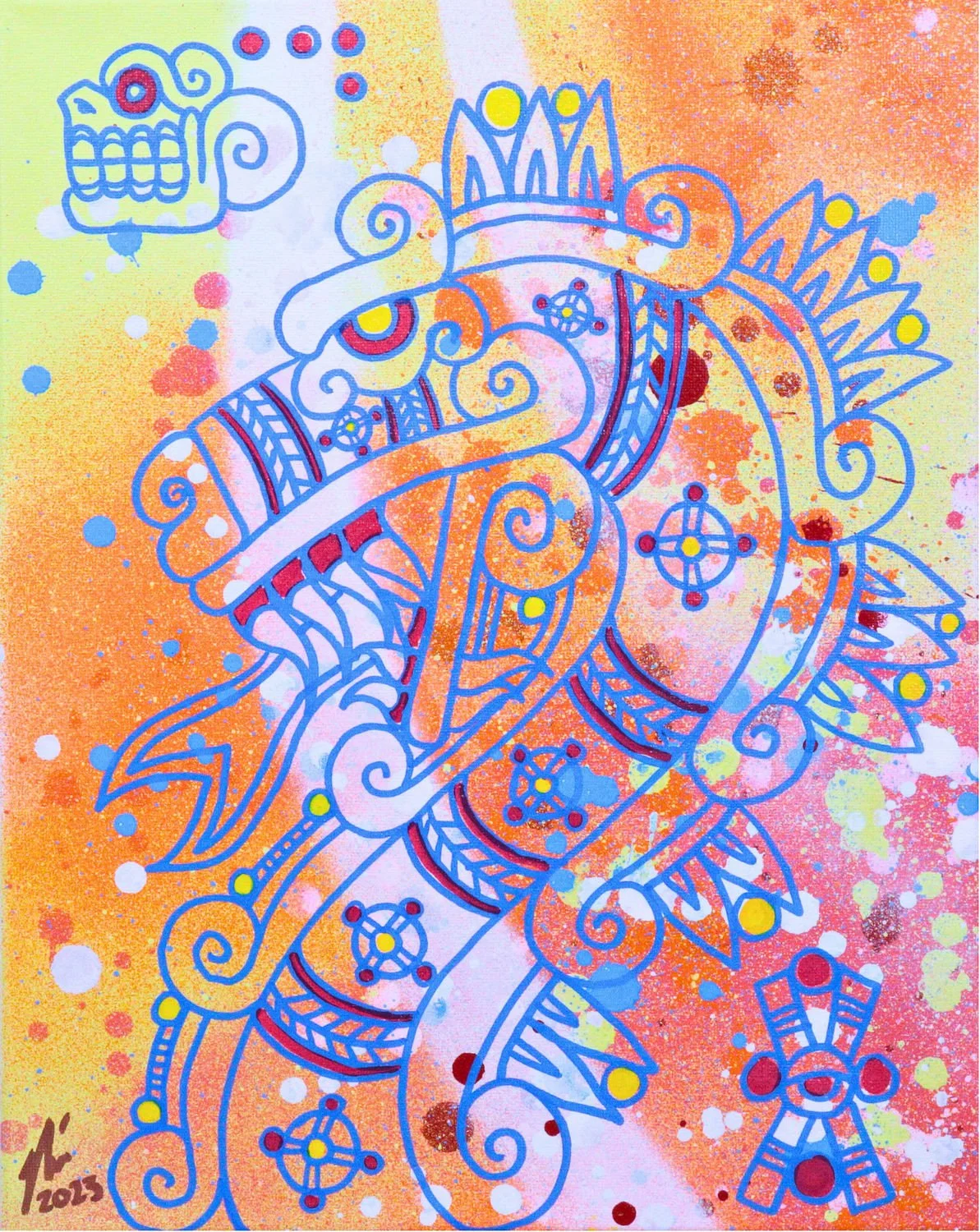 Stylized Aztec serpent with intricate blue linework and orange splatter background, original art by Tselone.