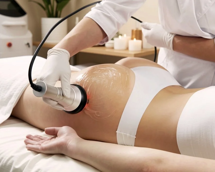A person receiving a cellulite reduction or skin tightening treatment with a handheld device on their thigh in a spa or clinic setting.