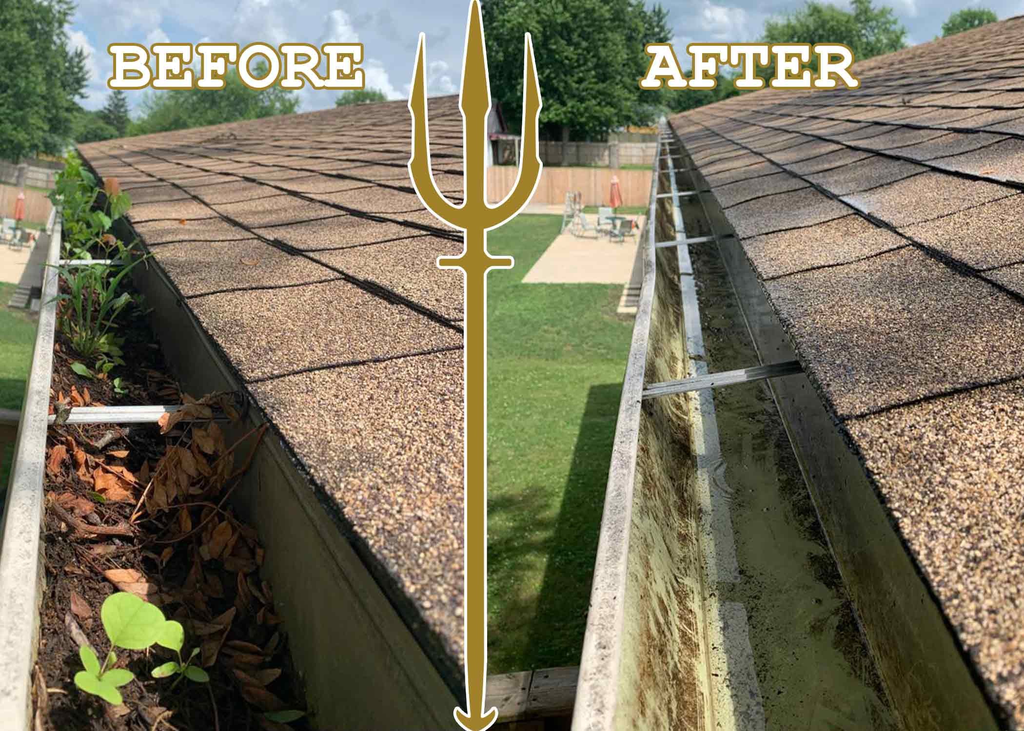 Sticks and leaves stuck in a gutter. Clogged gutter with debris.