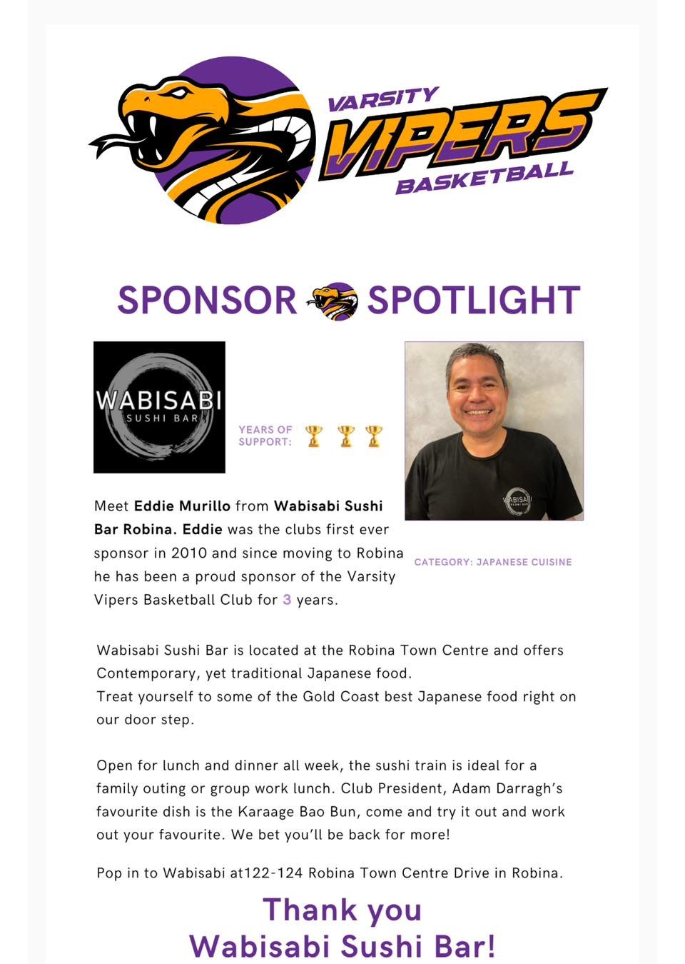 Welcome back WABI SABI SUSHI BAR for another year of sponsorship &amp; support! 🏀