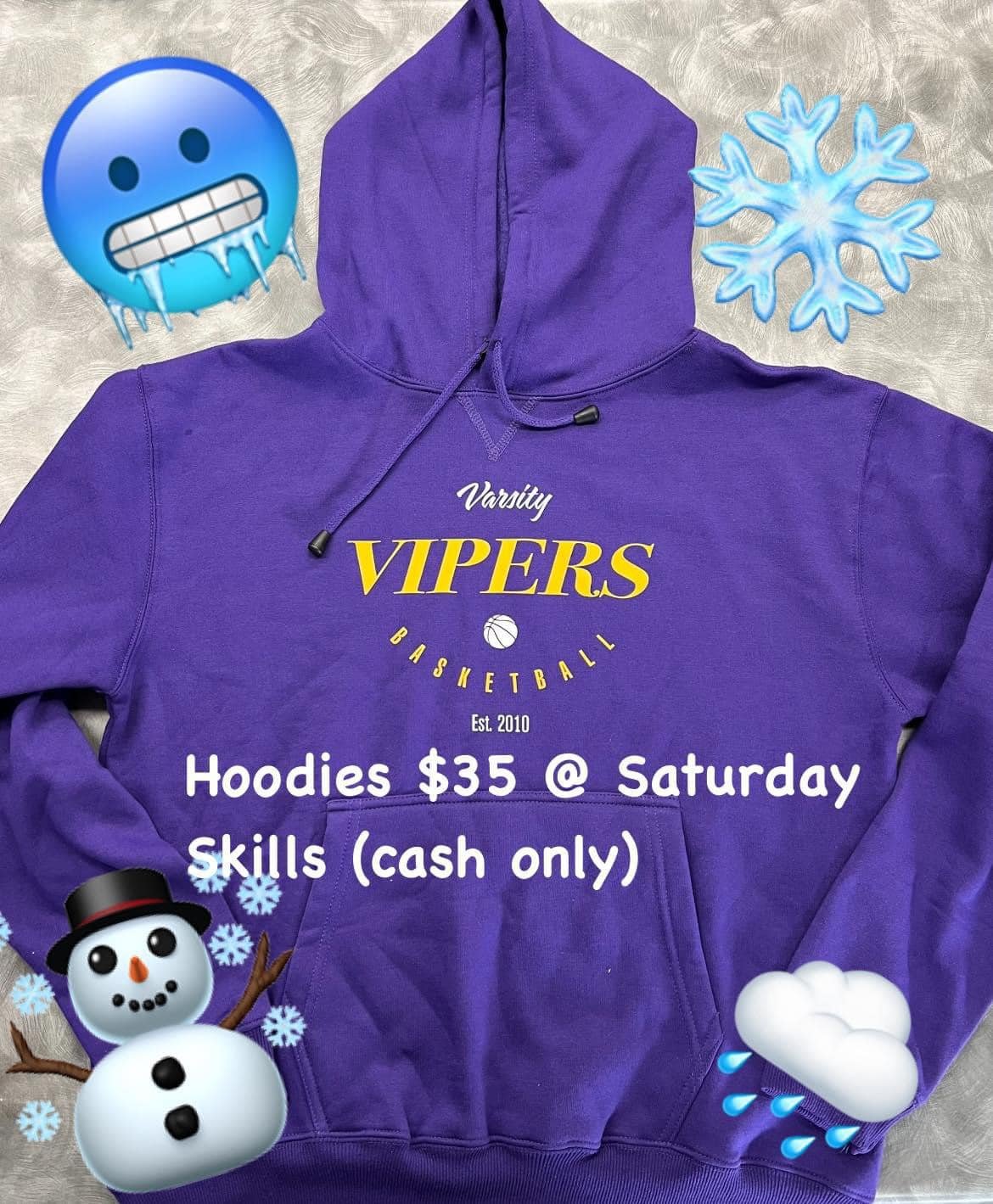 It&rsquo;s a Chilly one at the Viperdome today 🥶 grab one of our cozy Hoodies $35 get in fast &hellip; sizes 14-XXL available (limited stock)🐍🏀🐍🏀💜💛