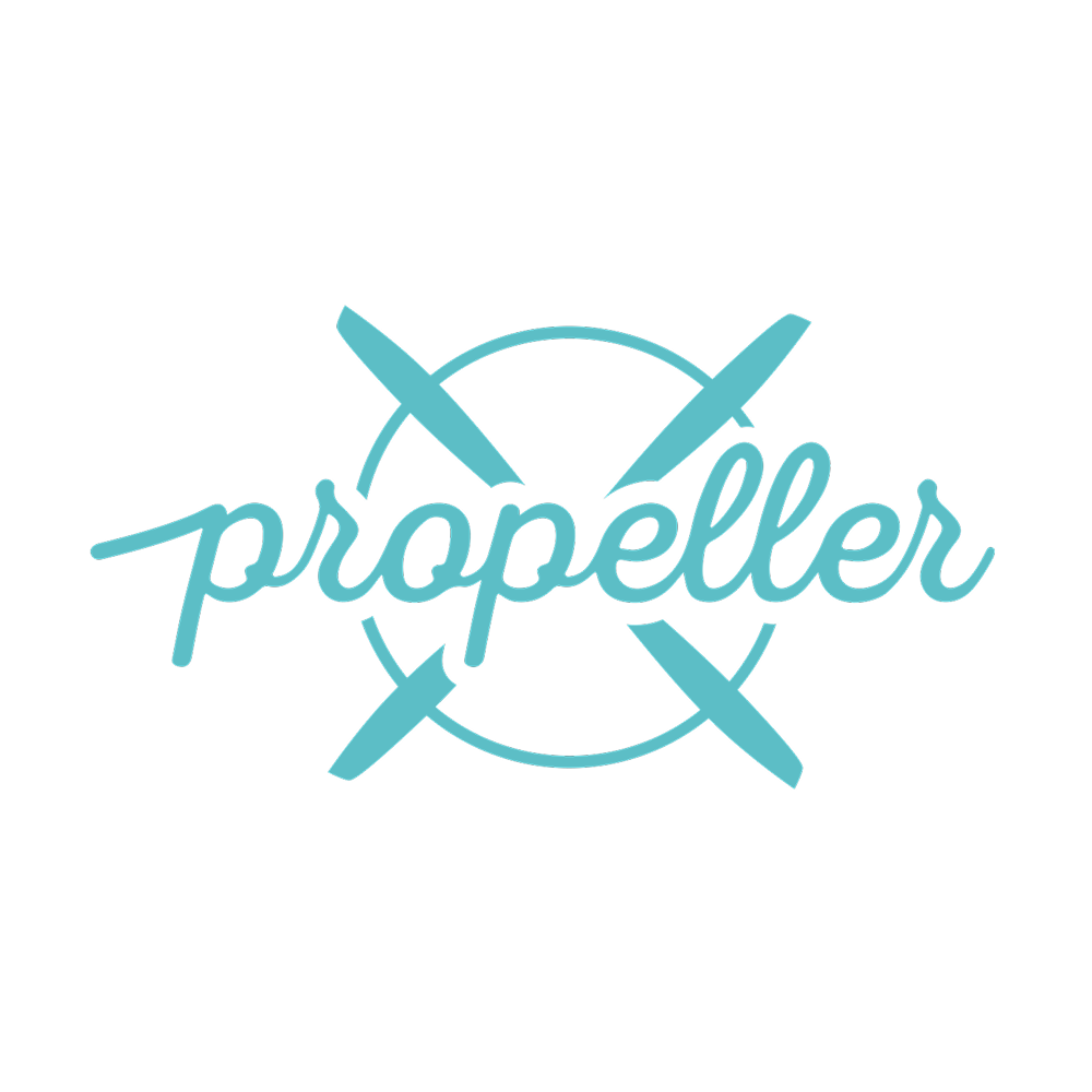Logo with the word 'propeller' written in cursive script, surrounded by four propeller blades in a circular arrangement, all in light blue.