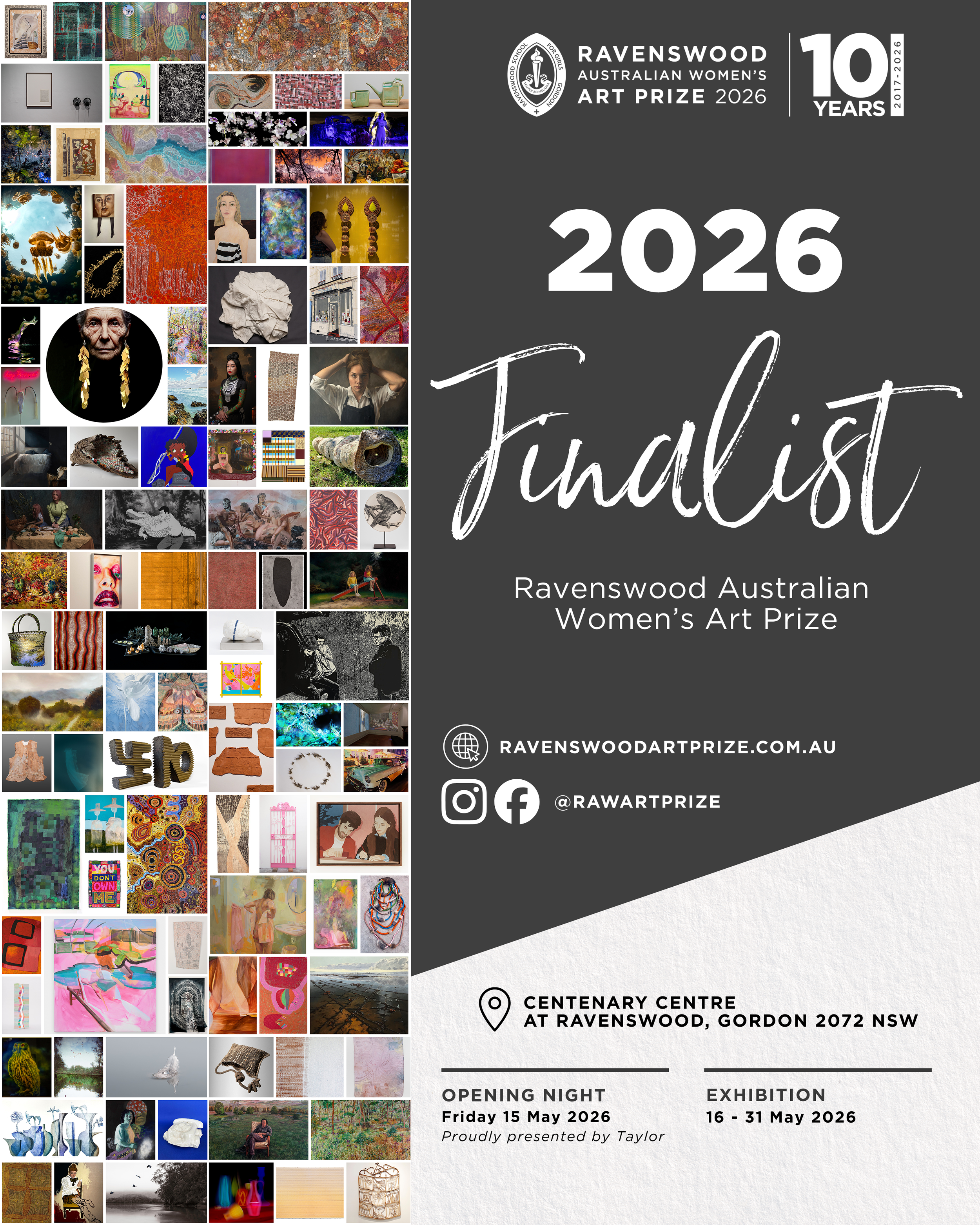 A poster for the Ravenswood Australian Women's Art Prize 2026, featuring a collage of various artwork and photographs on the left side and event details on the right side, including dates, location, and sponsors.