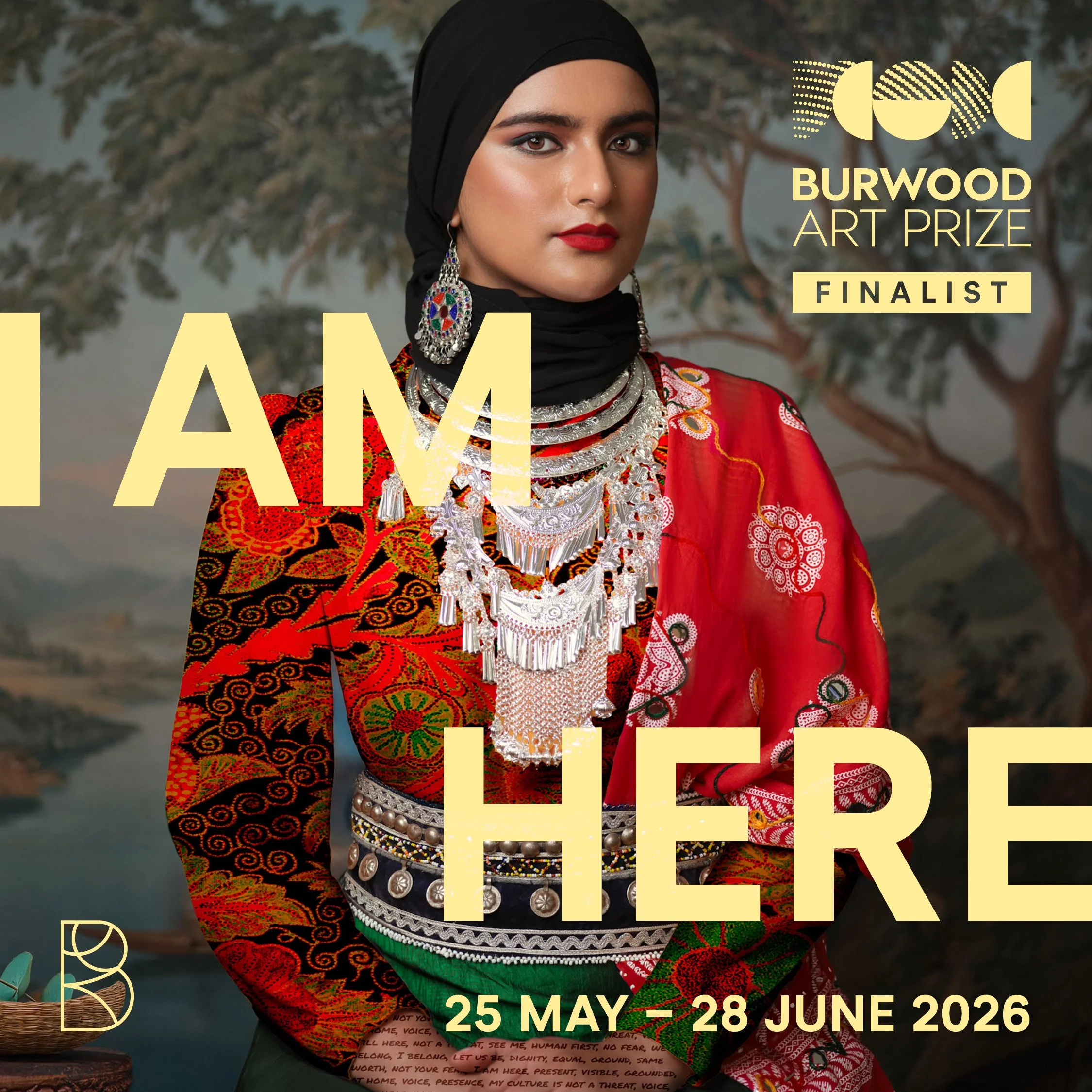 A woman wearing traditional African attire and jewelry, with a black hijab, is featured in this promotional poster for the Burwood Art Prize finalists. The poster includes text that says 'Burwood Art Prize Finalist' and the dates '25 May - 28 June 20