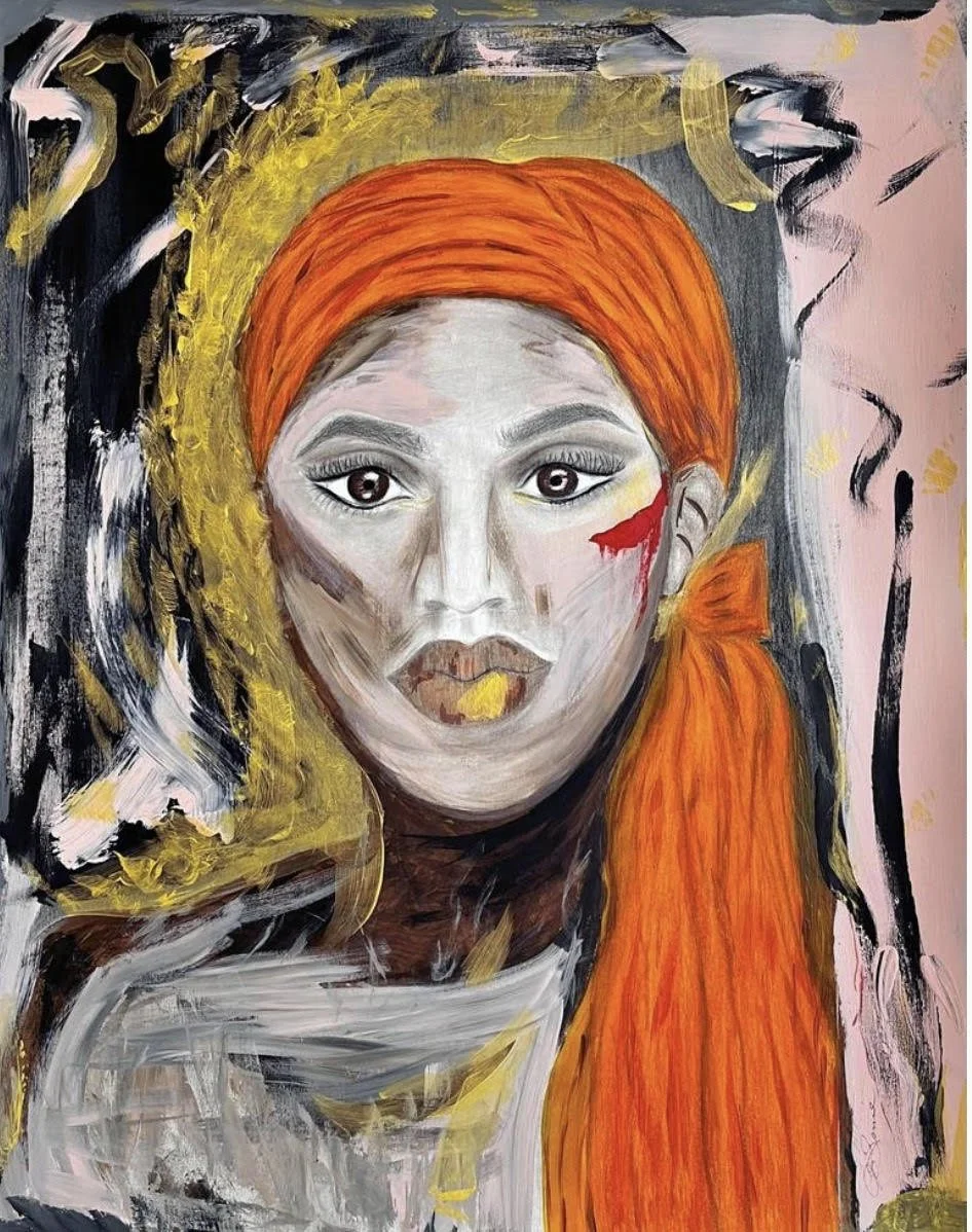Reflection: Abstract portrait of a woman with large expressive eyes.  She meets her tenderness, the depths she survived, white for the peace she's learning to hold.  Wrapped in an orange headscarf, she carries warmth lik a quiet flame not loud, not d