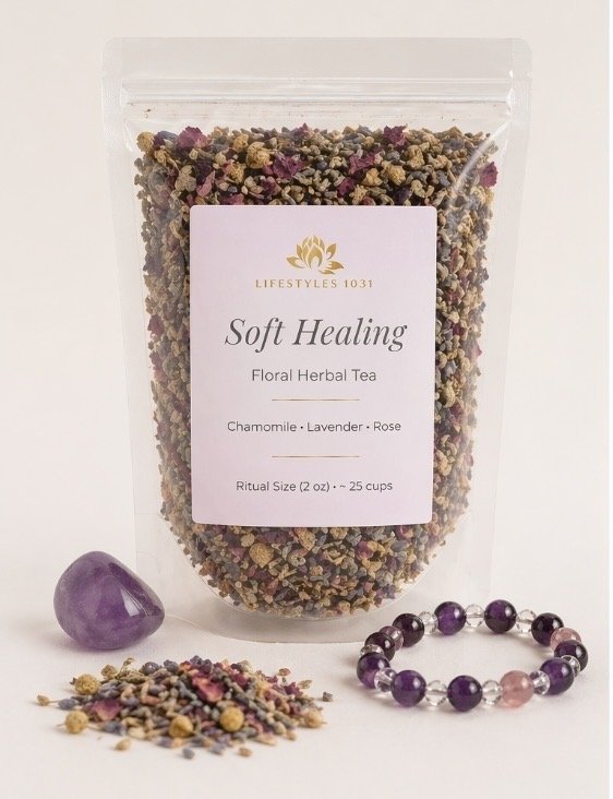 Soft Healing Ritual Set – Amethyst Crystal & Herbal Tea Self Care Gift