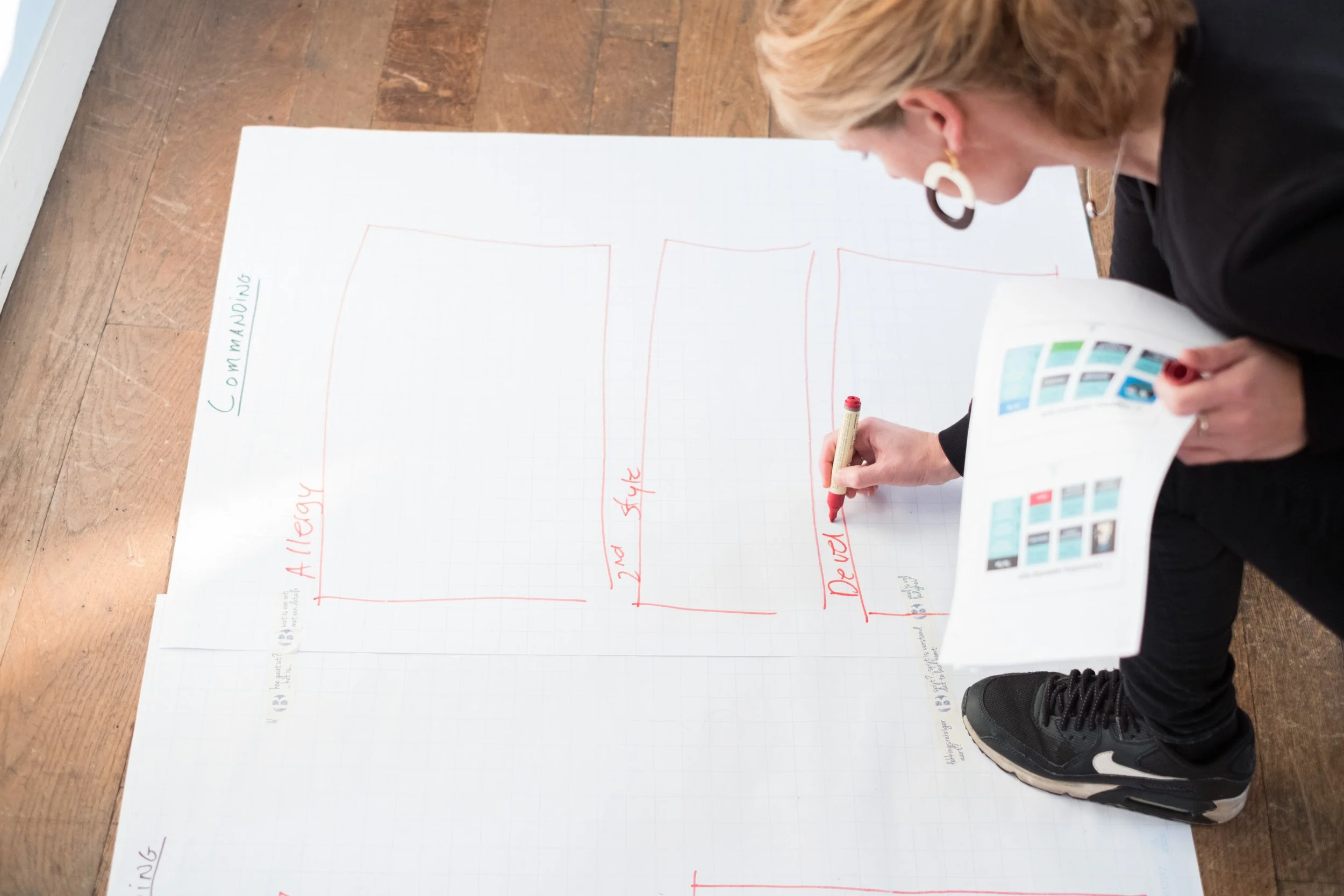 Person writing on a large sheet of paper with a marker, which is placed on a wooden floor. The paper has a grid and red and green writing related to communication, with sections labeled 'A. Energy,' '2nd Style,' 'Decide,' and others.