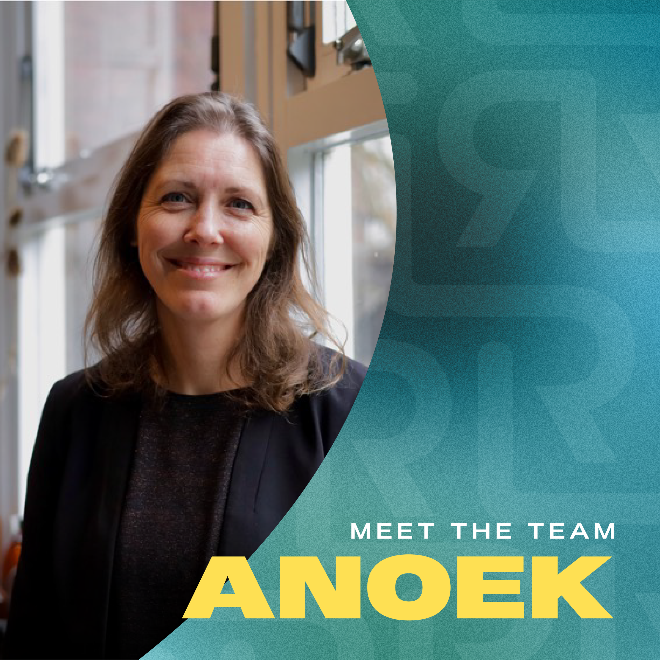Anoek Neele, a woman with shoulder-length brown hair wearing a black blazer and black top, smiling in front of a window. Overlay text reads "Meet the Team Anoek."