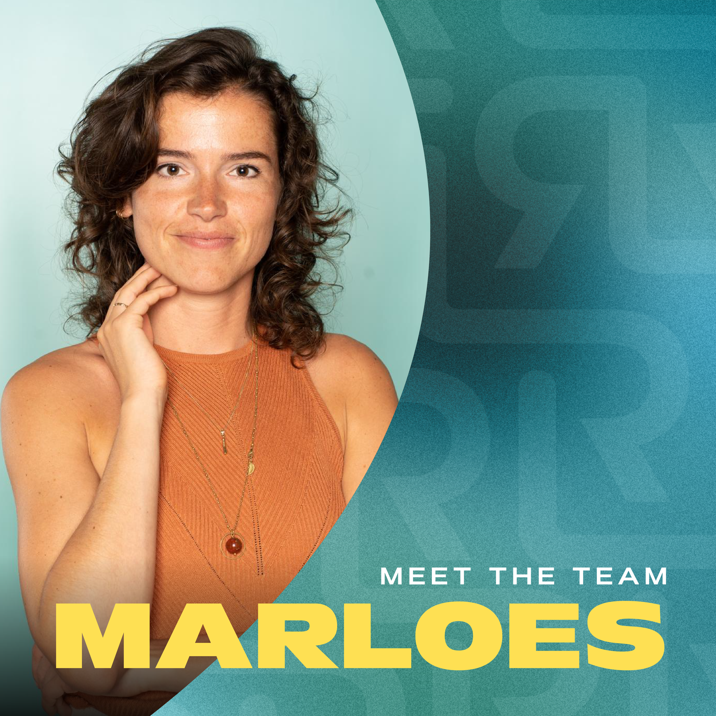 Marloes Odenkirchen, a woman with curly brown hair wearing an orange sleeveless top, smiling softly, standing against a light mint green background. Overlaid text reads "Meet the Team Marloes."