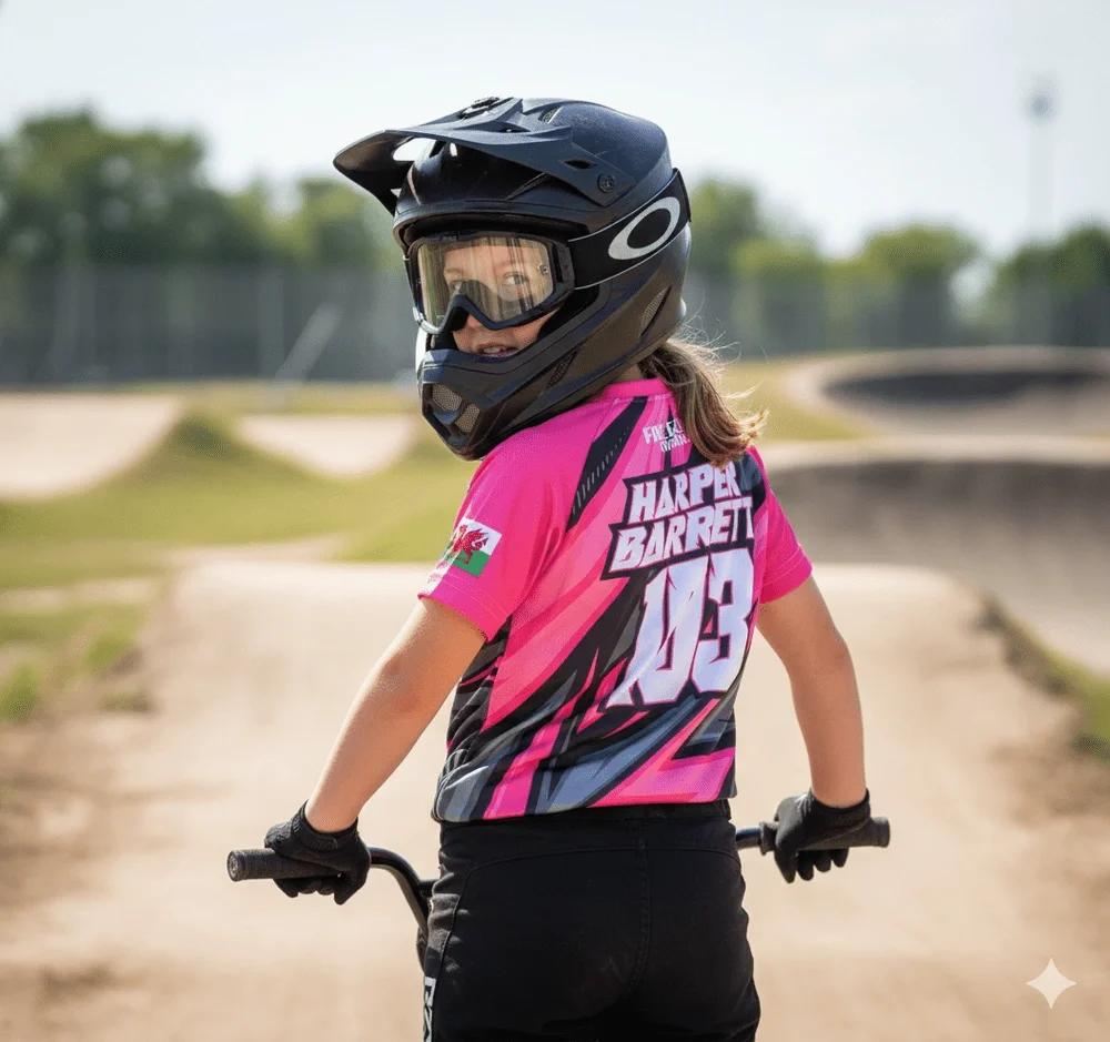Young girl wearing a pink and black motocross jersey and a black helmet with goggles, riding a dirt bike at a skate park.