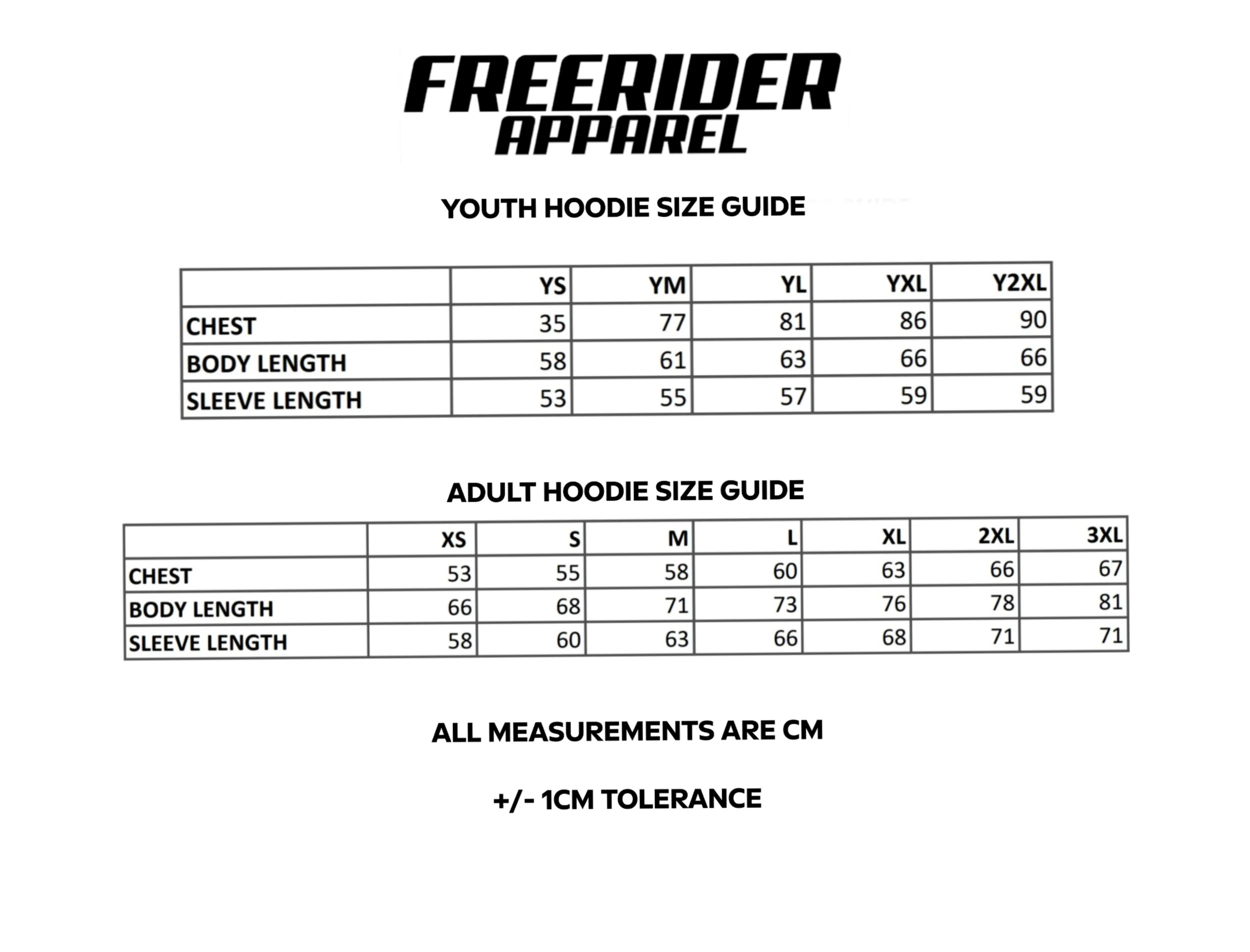 Size chart for Freerider Apparel youth and adult hoodies, showing measurements in centimeters for chest, body length, and sleeve length for different sizes.