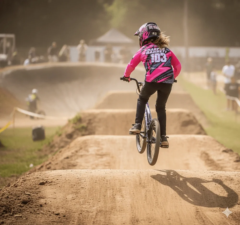 A female BMX rider jumping on a dirt track at a motocross park during daytime.