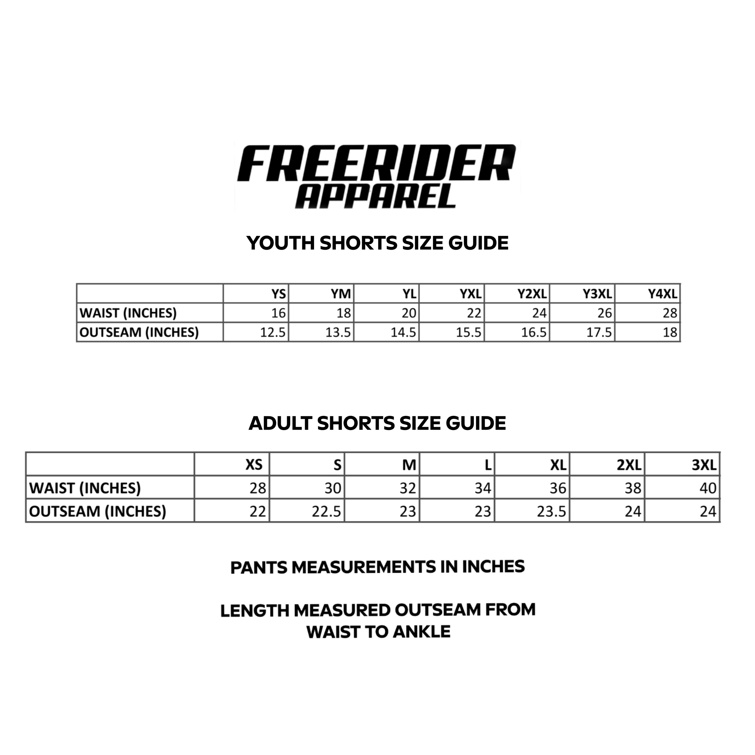 Size chart for youth and adult shorts, including waist and outseam measurements, from Freerider Apparel.
