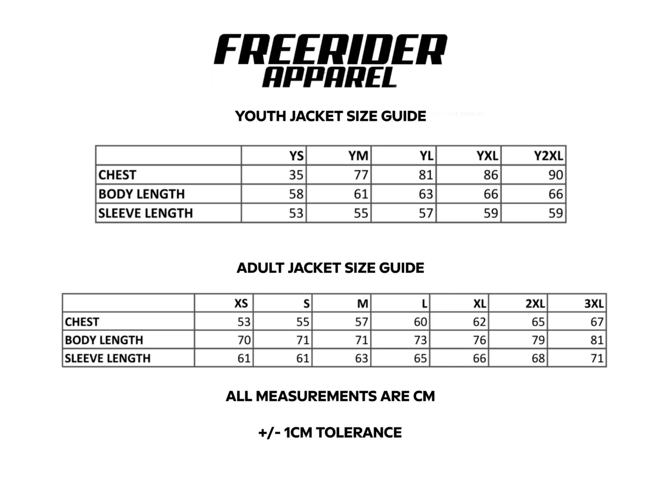Size charts for youth and adult jackets from Freerider Apparel, showing measurements in centimeters for chest, body length, and sleeve length across various sizes.