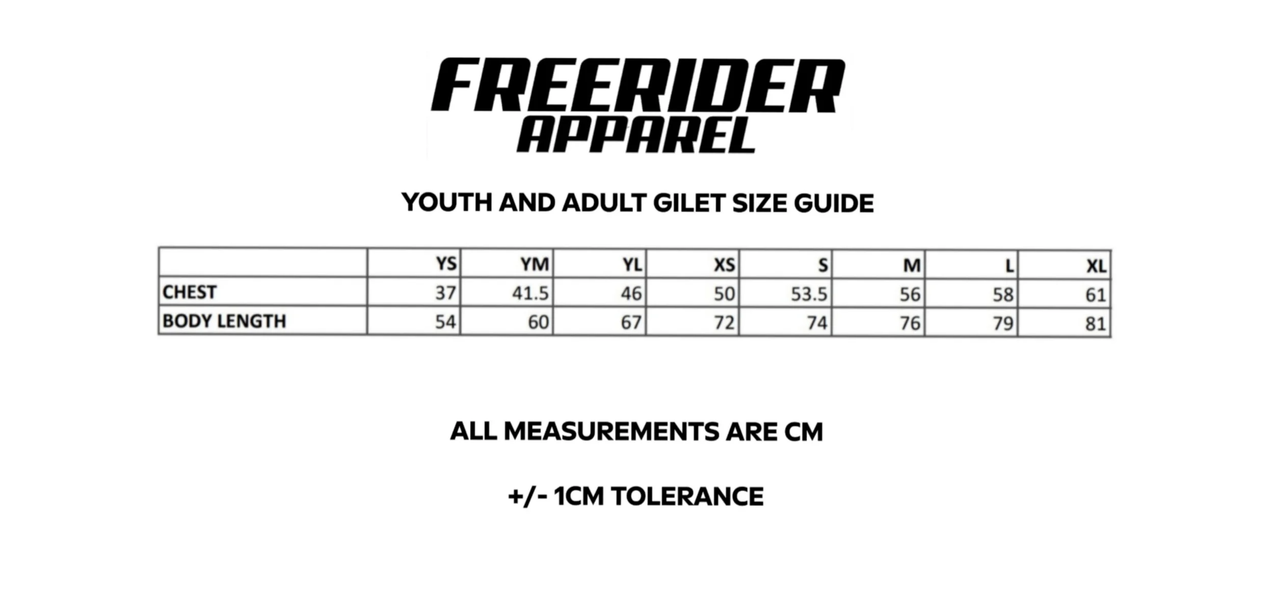 Chart displaying youth and adult gilet size guide for Freerider Apparel, with measurements in centimeters for chest and body length across size categories from YS to XL.