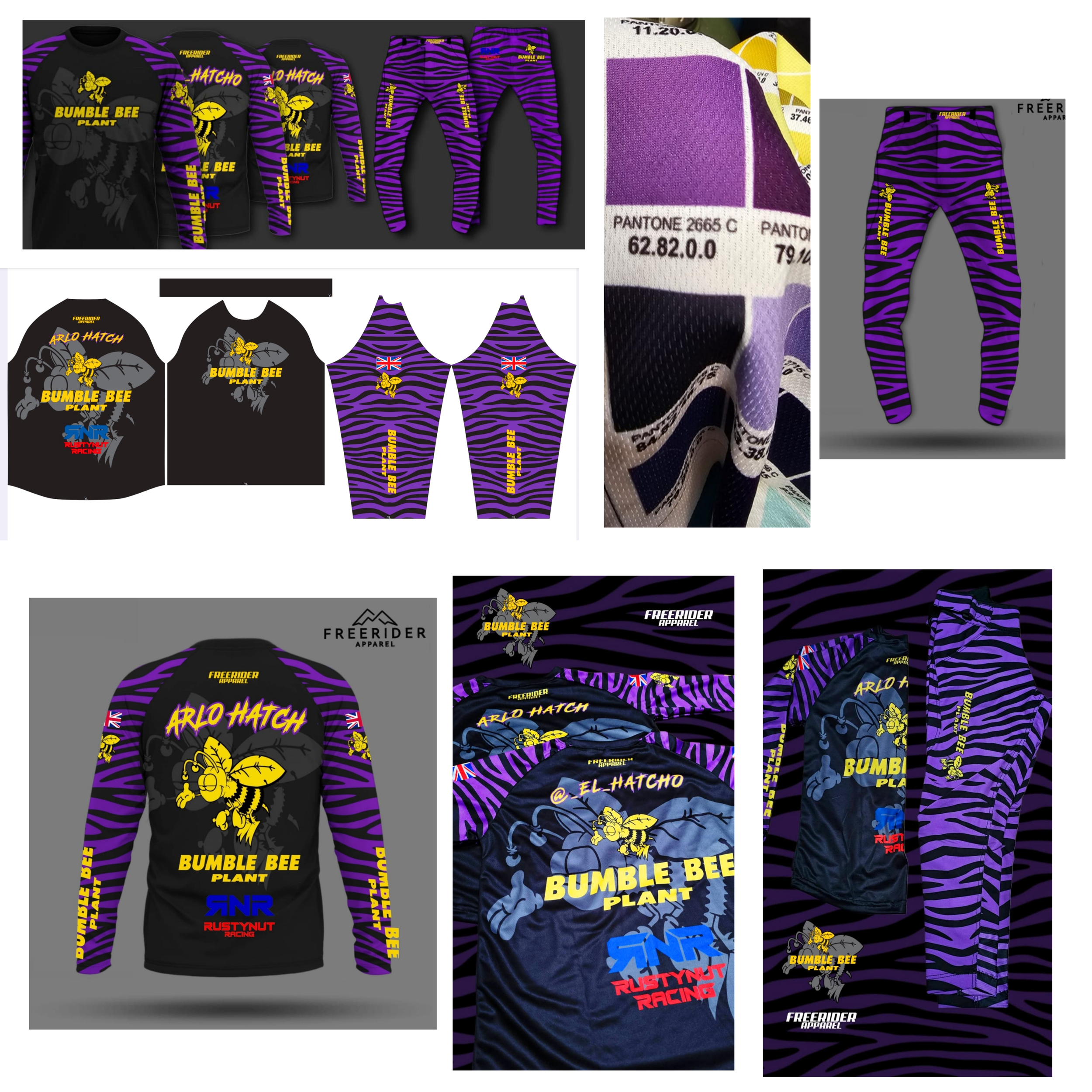 Collection of clothing and accessories featuring one to one design process for Freerider Apparel. and related logos, with purple and black tiger stripe patterns, including shirts, pants, jackets, and fabric swatches.