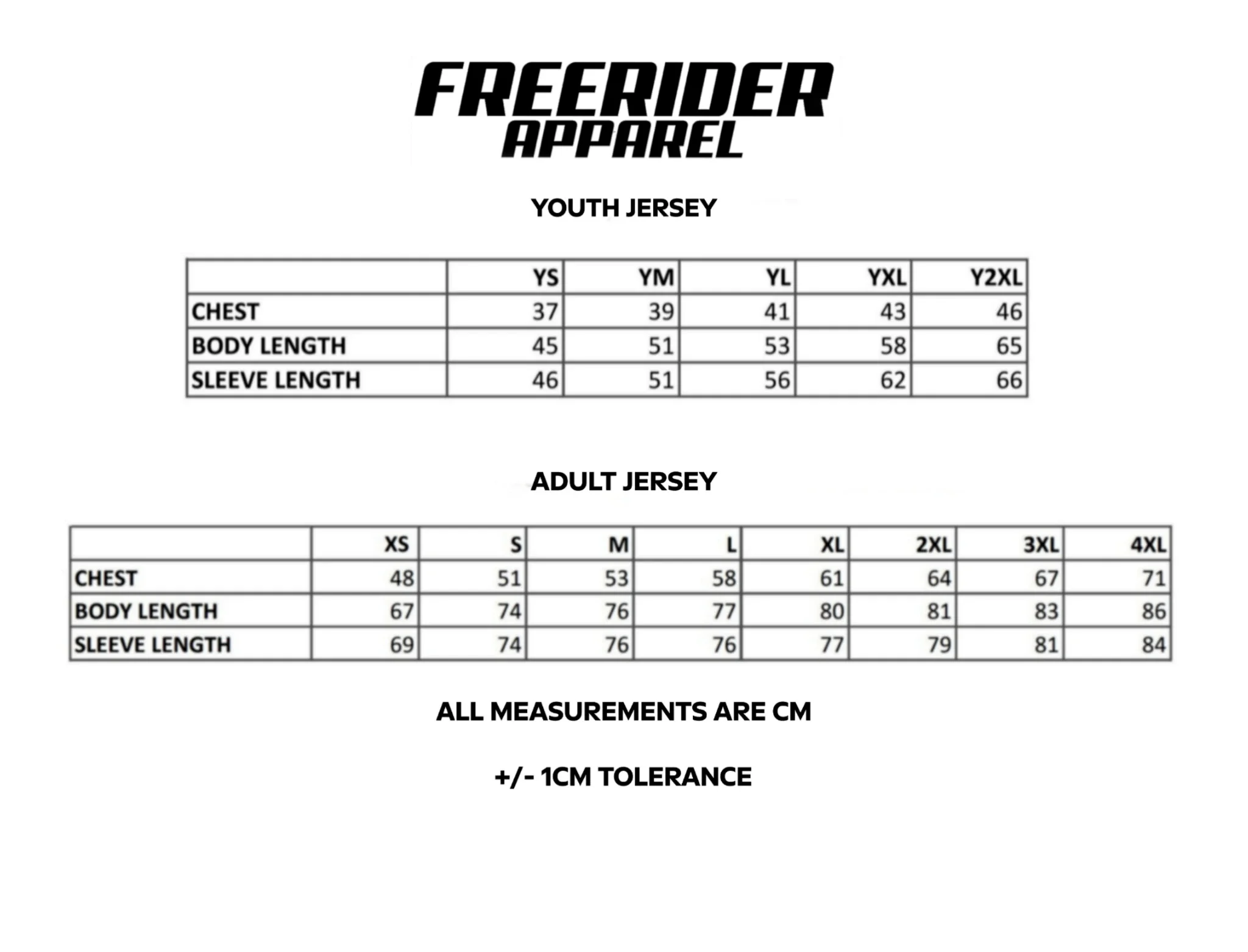Size chart for Freerider Apparel youth and adult jerseys, showing measurements in centimeters for chest, body length, and sleeve length, with categories for youth and adult sizes.
