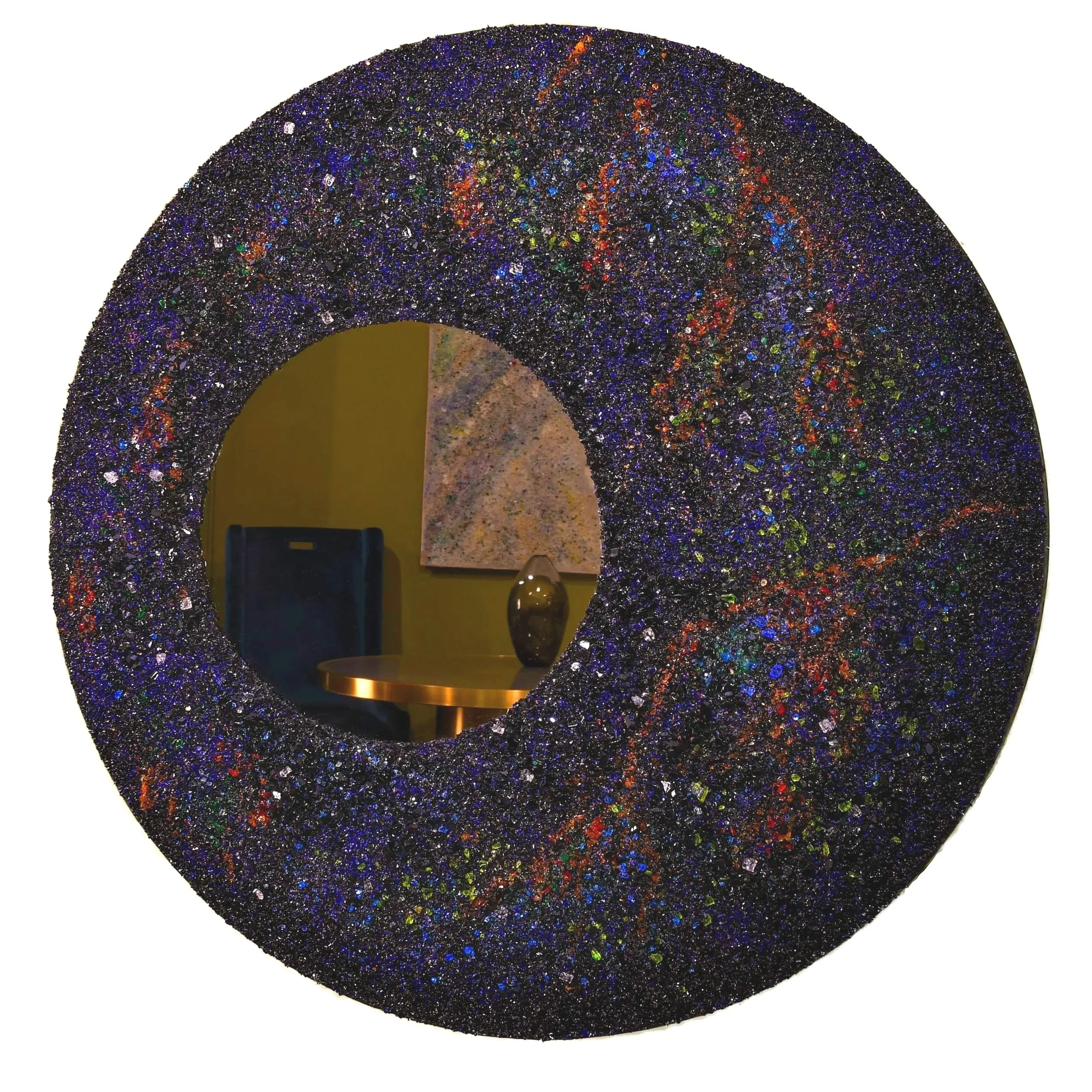 Black glass frame with red and blue mineral accents