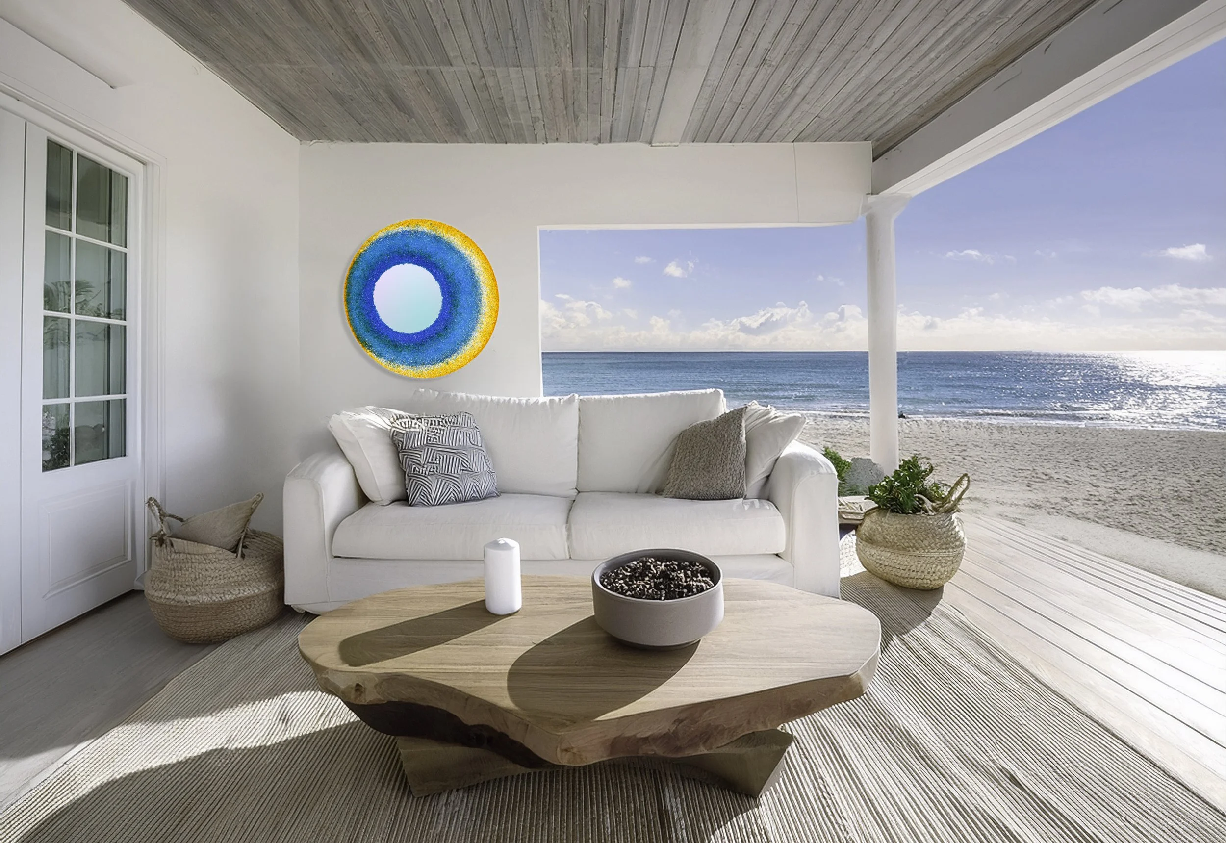 Mediterranean Halo circular mirror installed in coastal interior overlooking the sea