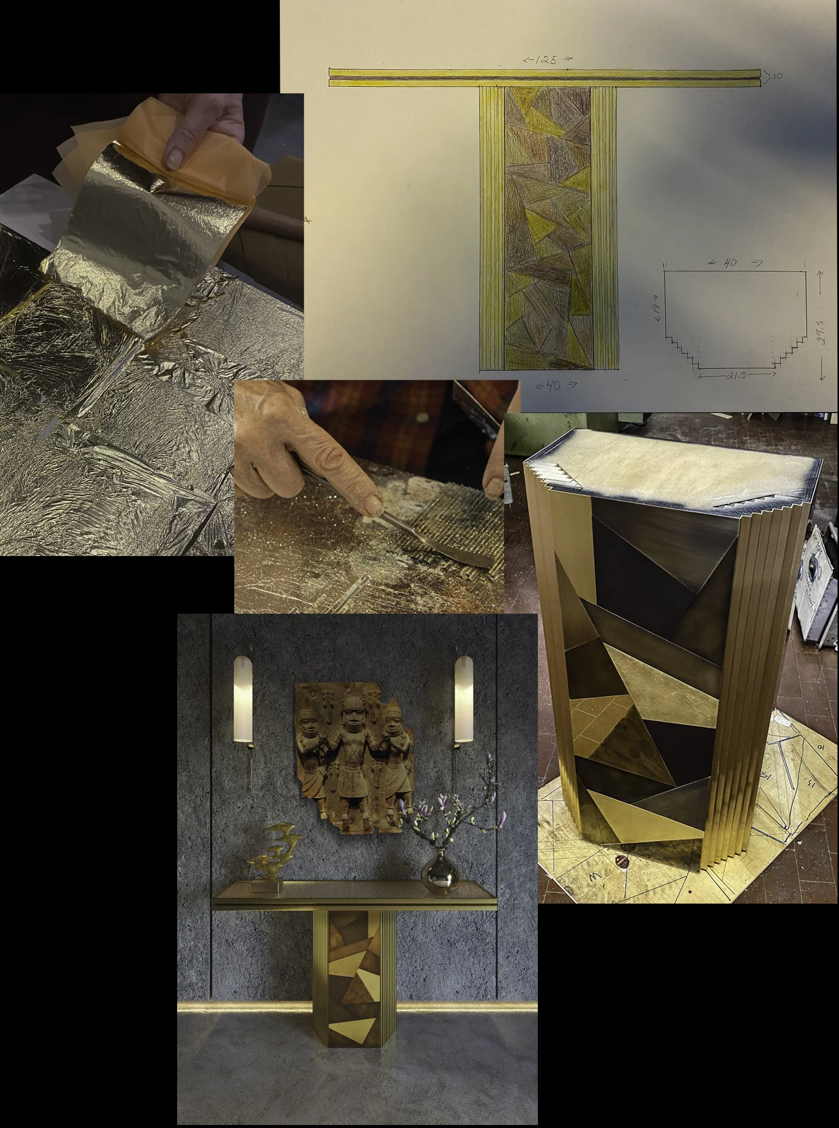 KalaRara Roma sculptural console showing design sketches, material process, and finished piece with geometric metal composition