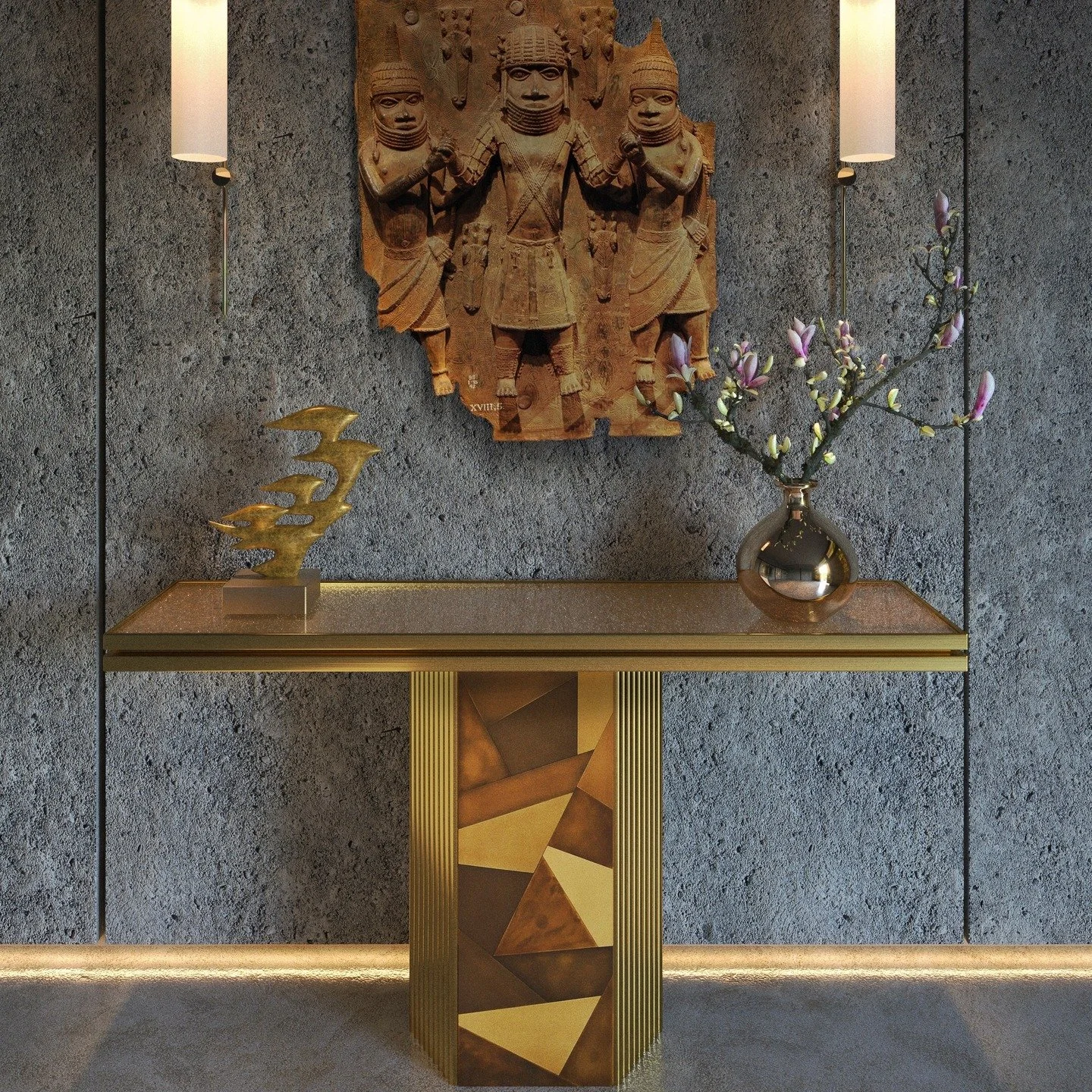 Laser cut brass, patinated, polished, burnished and stained by hand, comes together with Murano glass crystals to create a one-of-a-kind console. Made by the artisans of KalaRara Roma. #kalarararoma #madebyhandfurniture #custommadefurniture #artigena