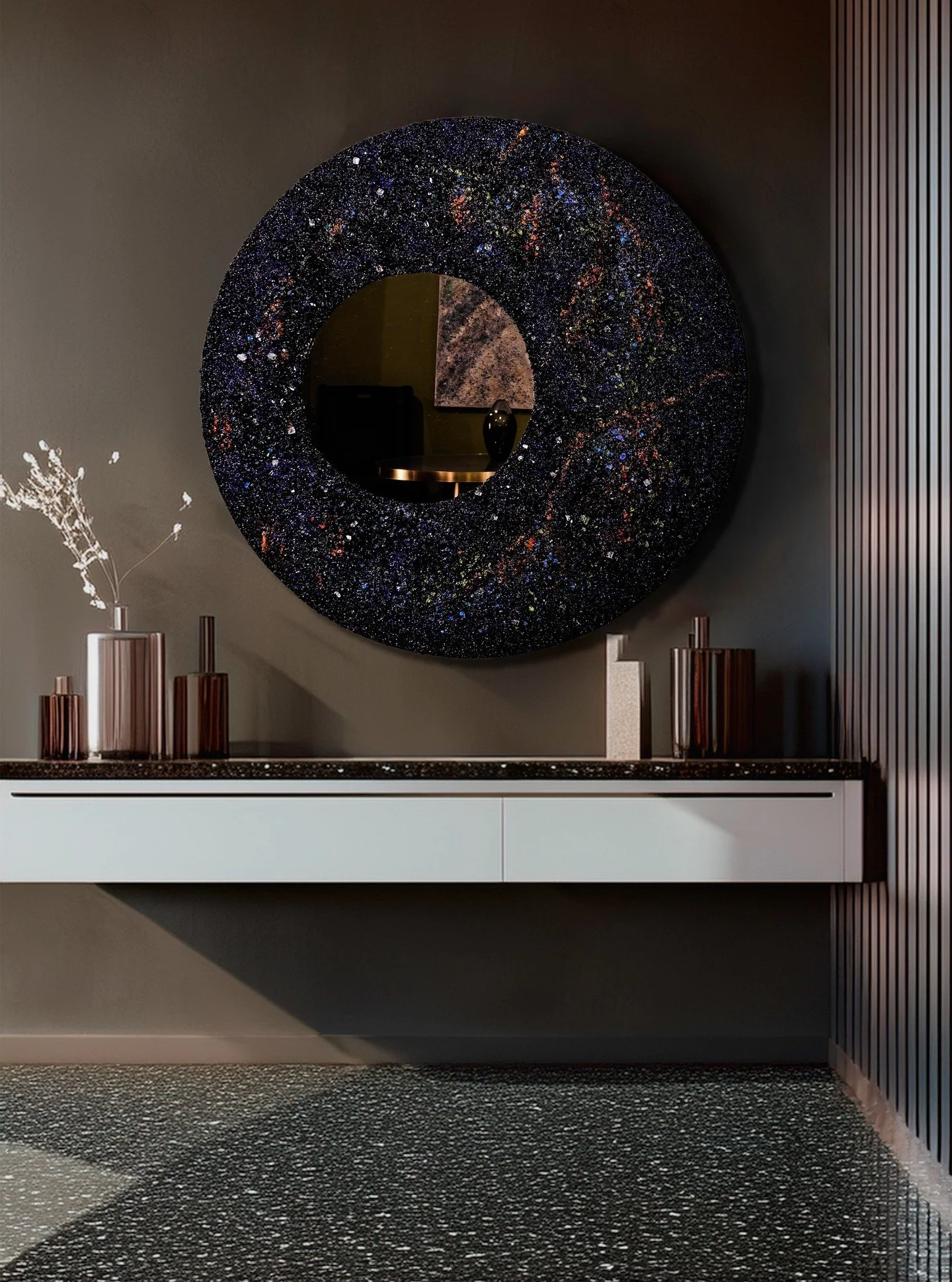 Ever wondered what true craftsmanship feels like? ✨ Our 'Night Sky' mirror isn't just a reflection; it's a meticulously handcrafted universe. From the sustainable reclaimed beech wood frame to the thousands of crushed Murano glass crystals, each elem