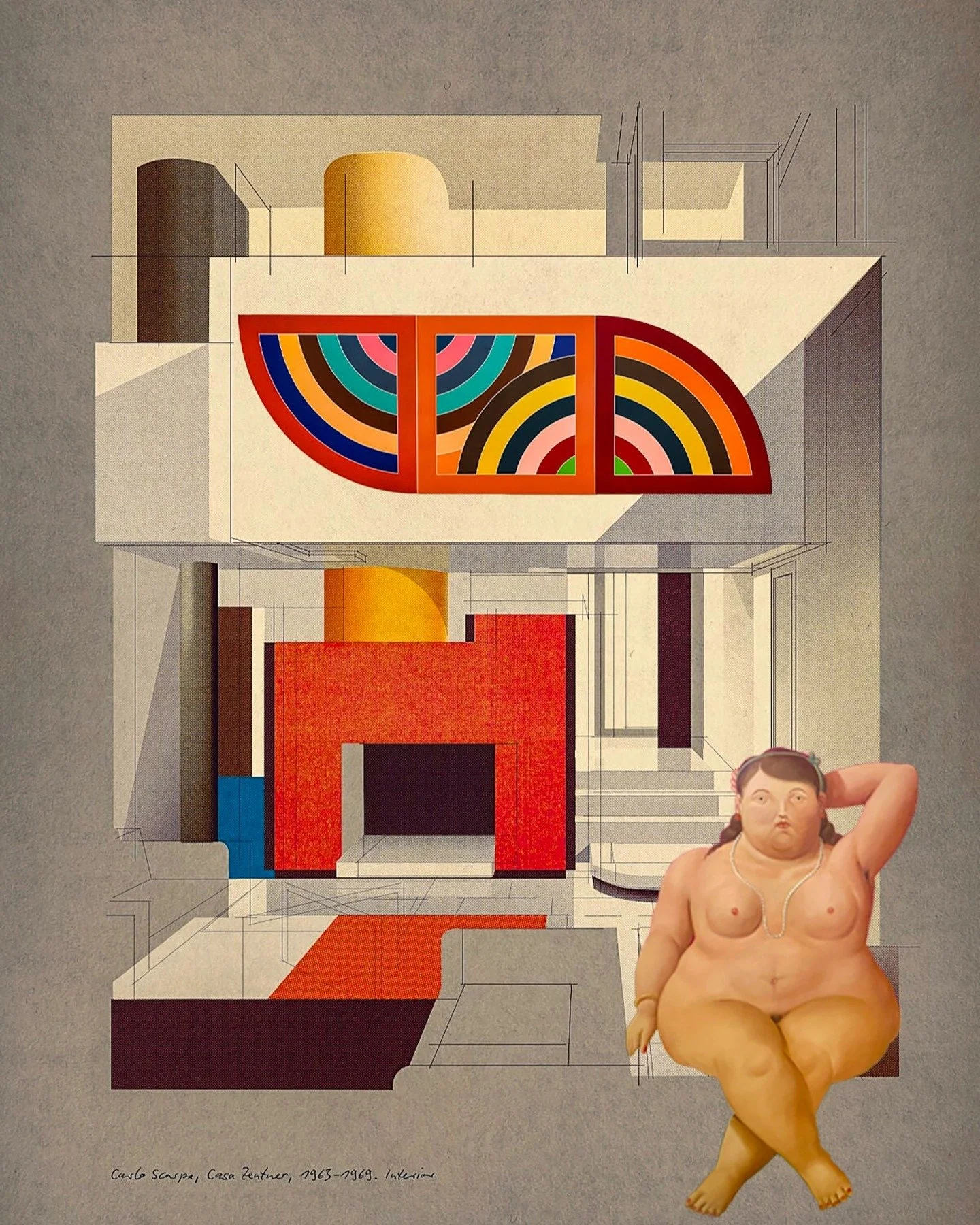 Friday inspiration. Collage mix of Carlo Scarpa sketch for his 1) Casa Zentner, Fernando Botero's "Seated Woman" and Frank Stella's "Khurasan Gate variation II". 2) The finished interior of Casa Zentner. #kalarararoma #fridayinspi