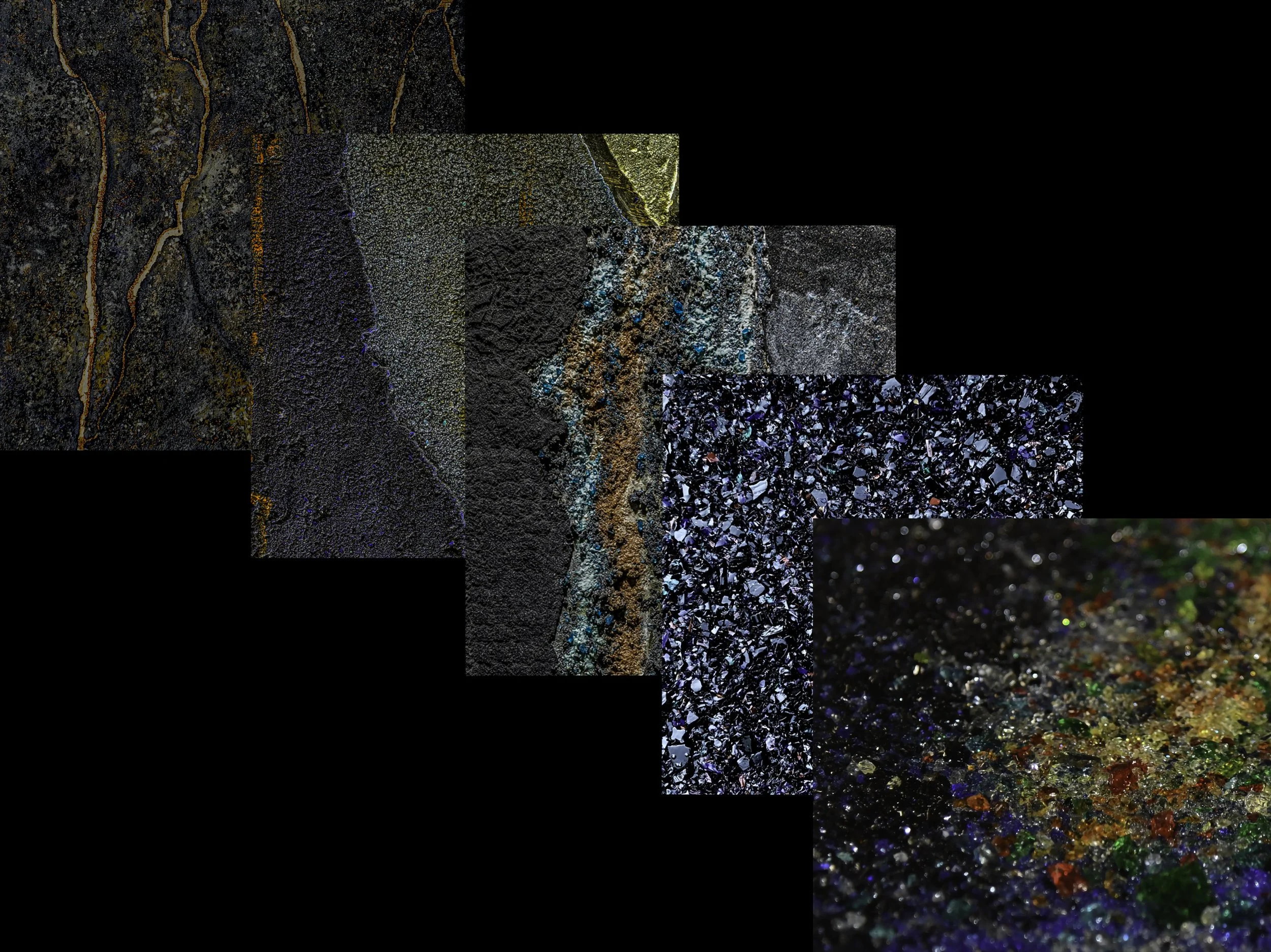 MicroCristallo Fusione material development samples showing layered mineral textures and metallic inclusions