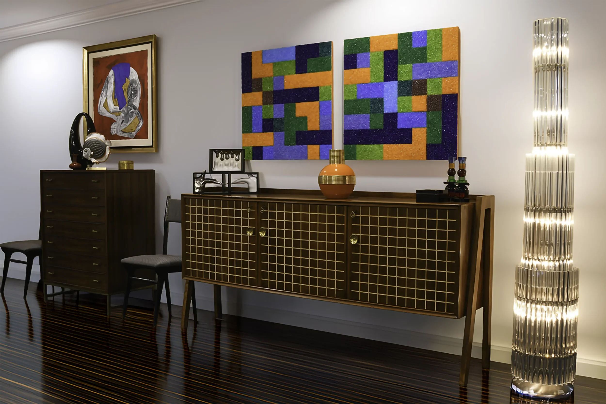 Mid-century Italian furniture including Paolo Buffa buffet and Carlo Hauner chest of drawers in gallery showroom setting