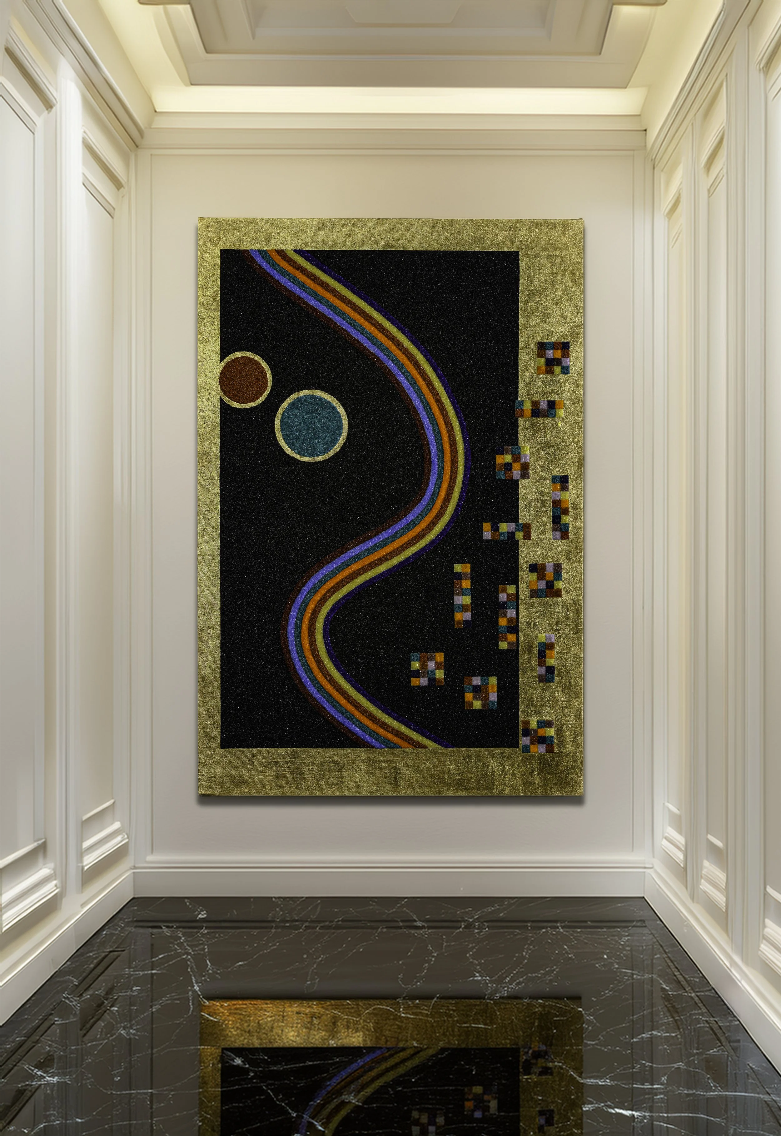Large MicroCristallo Fusione and gold leaf wall artwork by KalaRara Roma in marble corridor interior