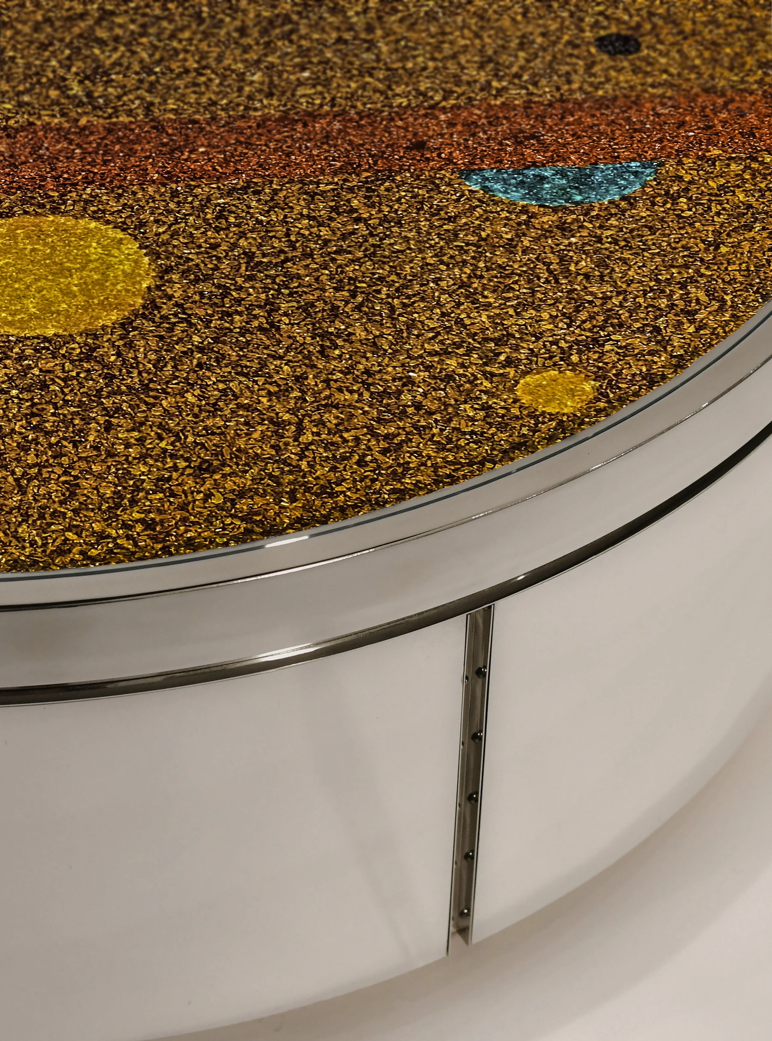 Detail of MicroCristallo Fusione glass surface with celestial abstract composition on Celestial Axis coffee table by KalaRara Roma