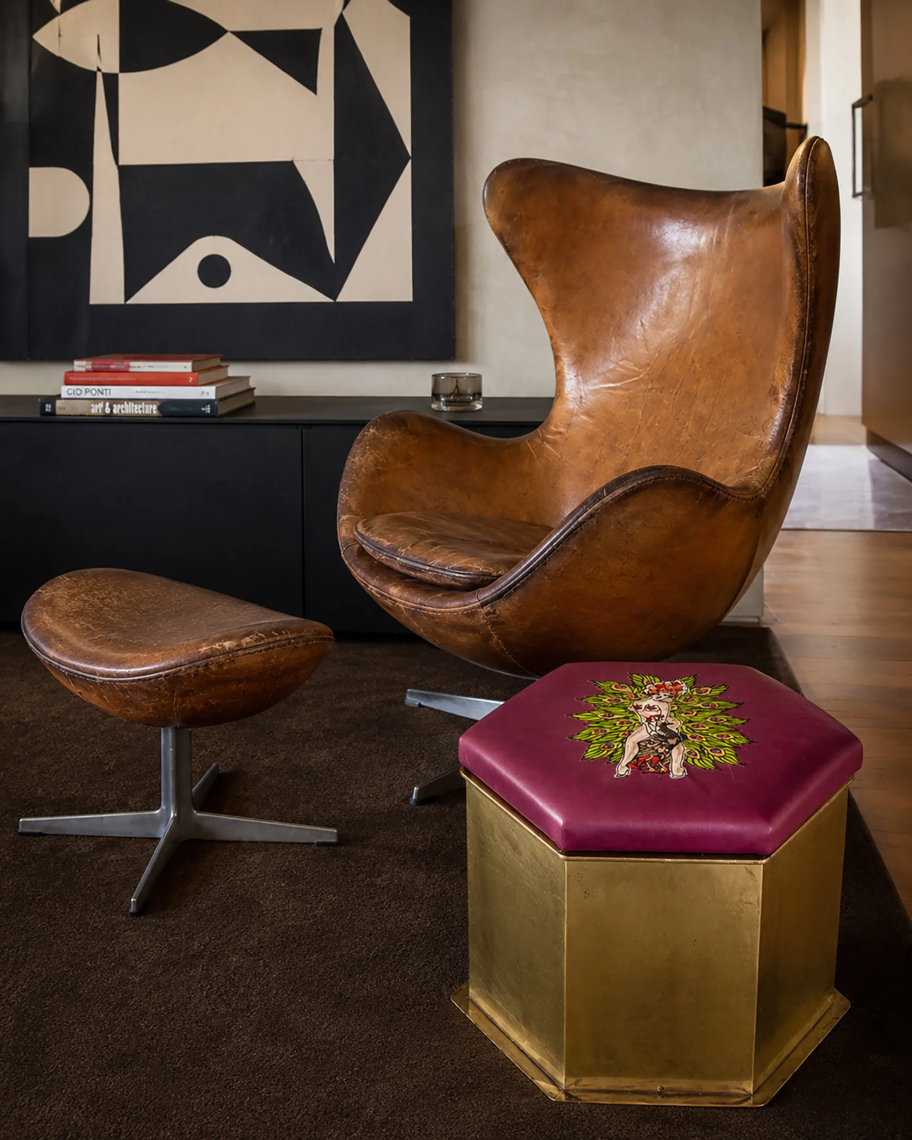Brass and Embroidered Leather Ottoman.jpg