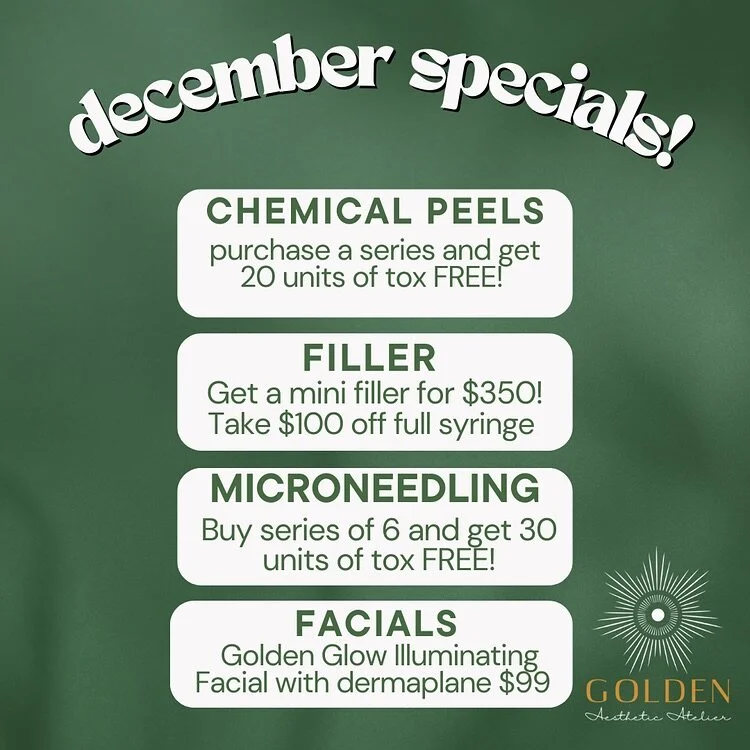 December specials are here! Winter is for treating that summer sun damage! Save big on our micro needling and chemical peel packages! And treat yourself to a little relaxation with our golden glow, illuminating facial! ✨ specials, valid at both Louis