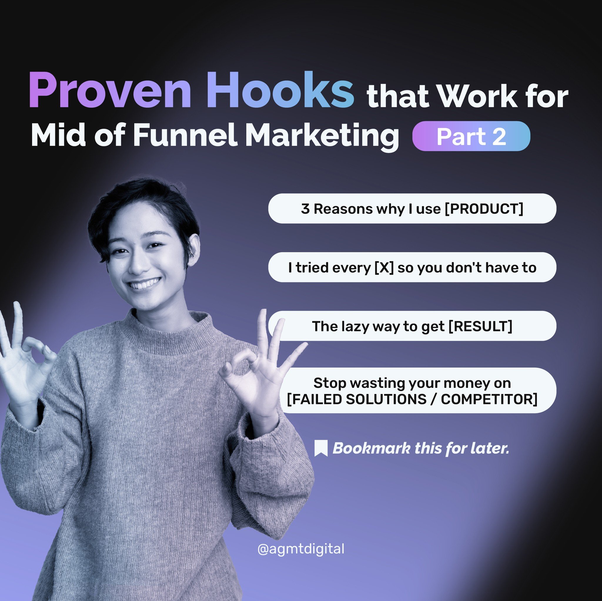 Time to elevate your content with these mid-funnel marketing hooks! 📈

✅ Remember to save this post for future reference. 

#agmtdigital #socialmediamarketing #contentmarketing #marketinghooks #marketingtips