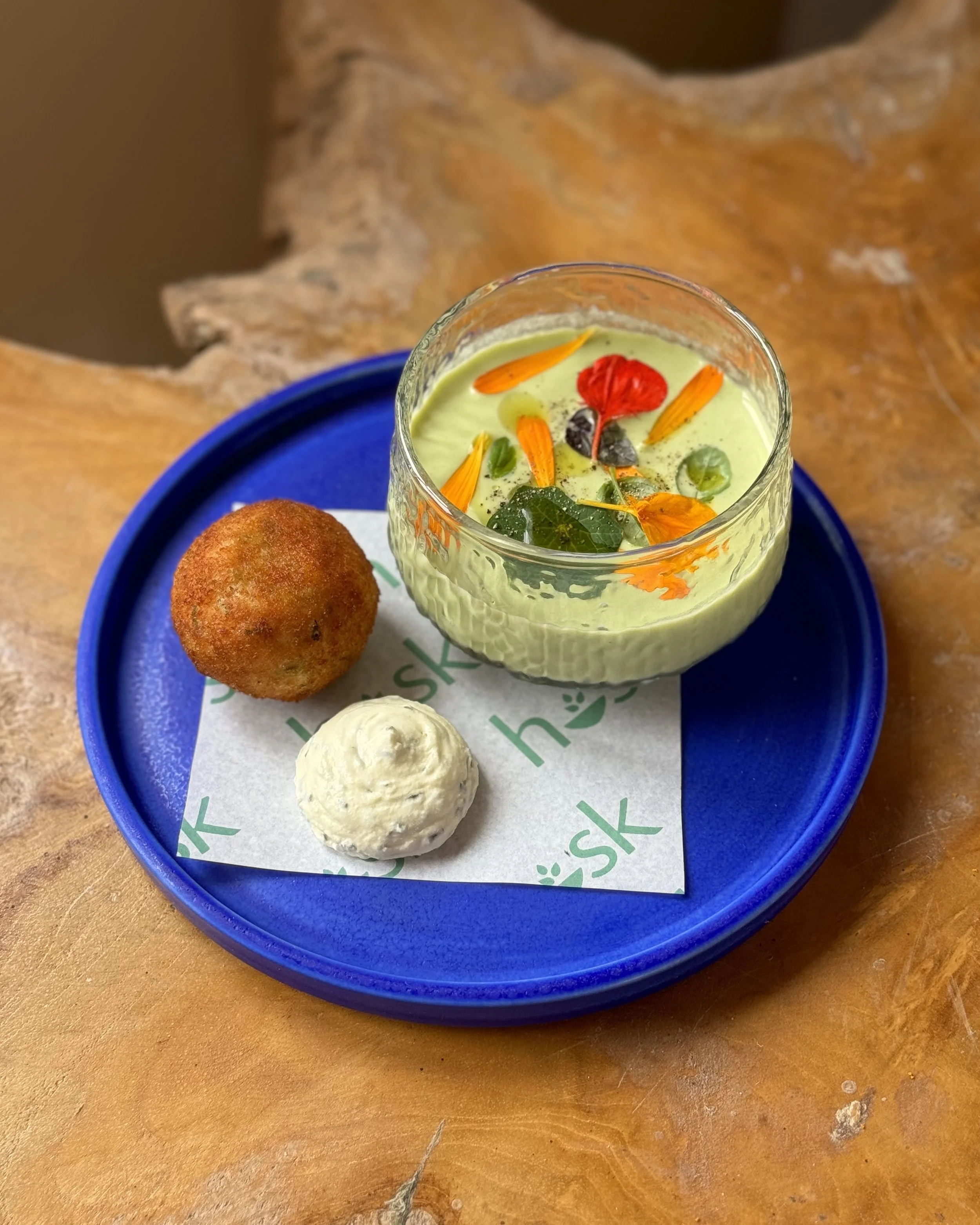 Garden gazpacho and smoked fish cake.jpeg